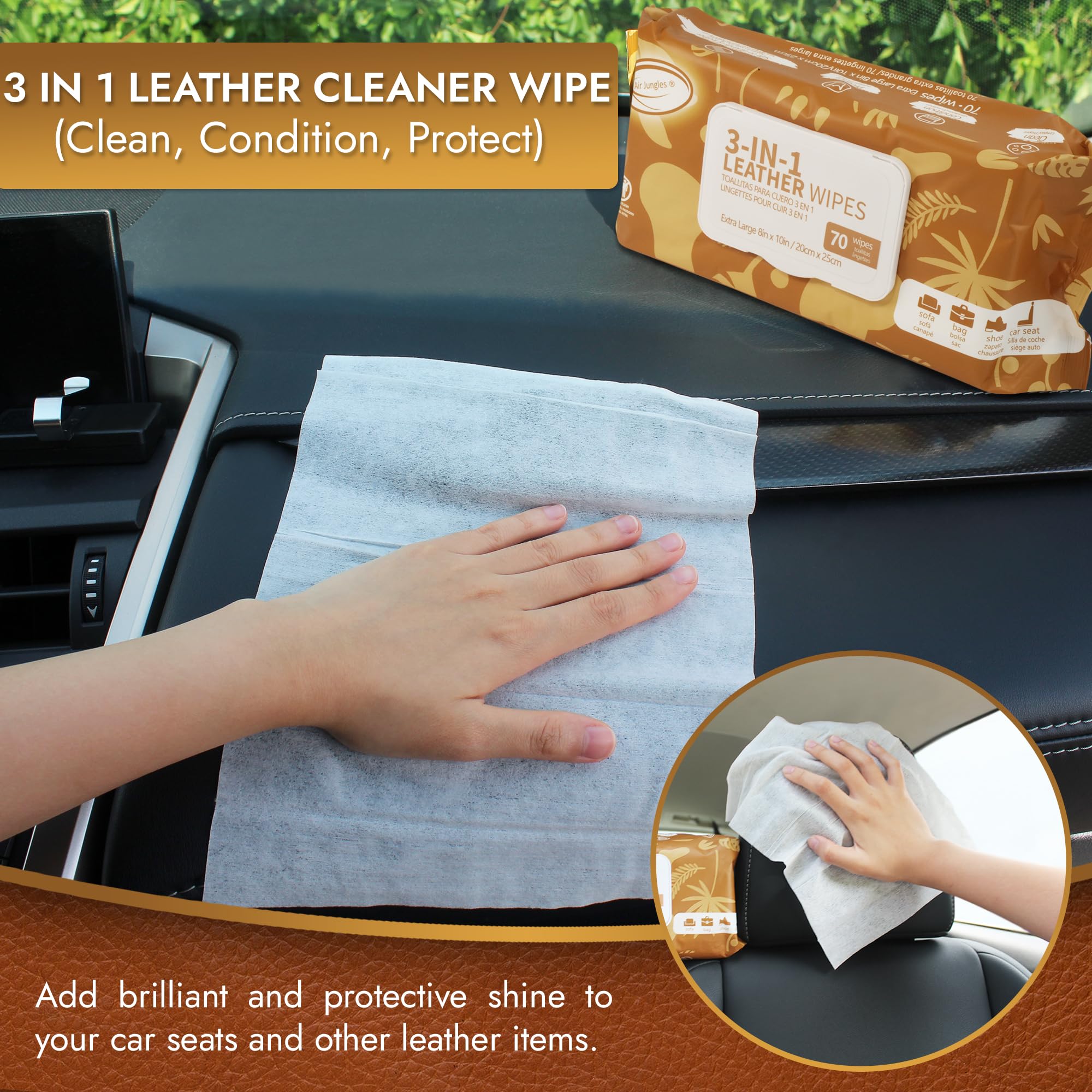 Air Jungles 3in1 Leather Cleaner Wipes 70 Count, Extra Large 8" x 10" Size, Clean Condition Protect Wipes for Vinyl and Leather Apparel Furniture Auto Car Interior Shoes Boots Bags