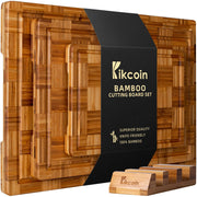 Kikcoin Extra Large Bamboo Cutting Boards, (Set of 3) Chopping Boards with Juice Groove Bamboo Wood Cutting Board Set Butcher Block for Kitchen, End Grain Serving Tray