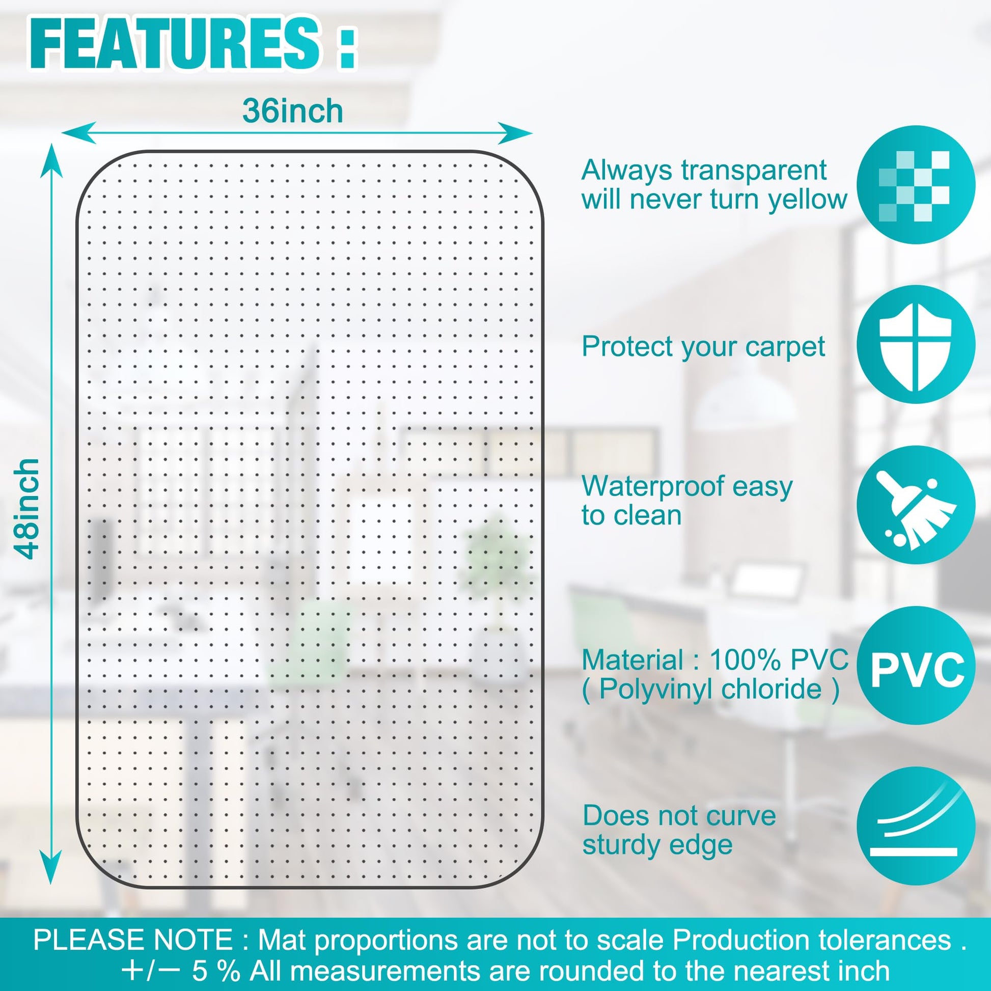 LeapYouth Office Chair Mat for Carpets, Clear Desk Floor Mat for Low, Flat and No Pile Carpeted Floors, Thick and Sturdy Carpet Protector for Desk Chair (48'' X 36'' Rectangle)