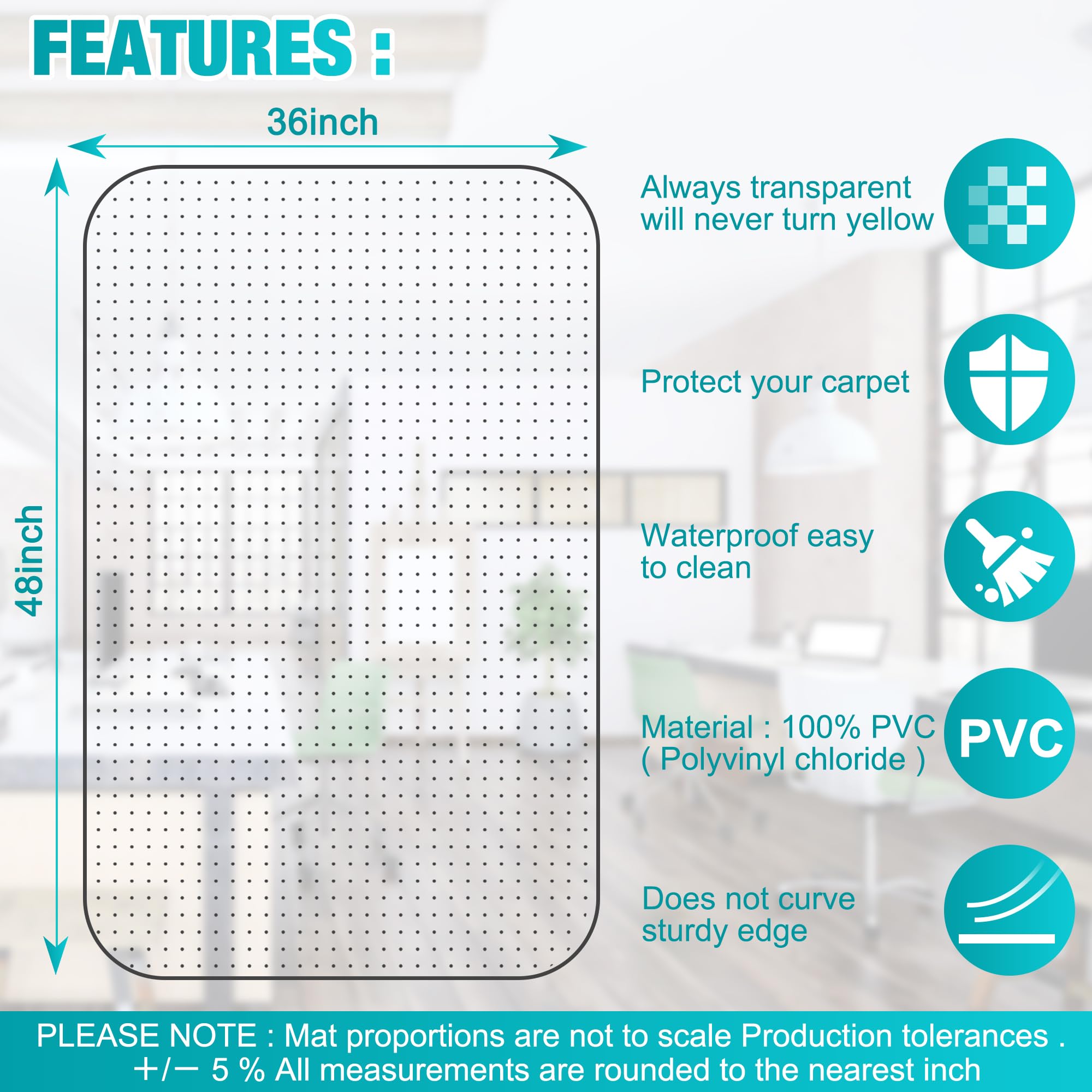 LeapYouth Office Chair Mat for Carpets, Clear Desk Floor Mat for Low, Flat and No Pile Carpeted Floors, Thick and Sturdy Carpet Protector for Desk Chair (48'' X 36'' Rectangle)