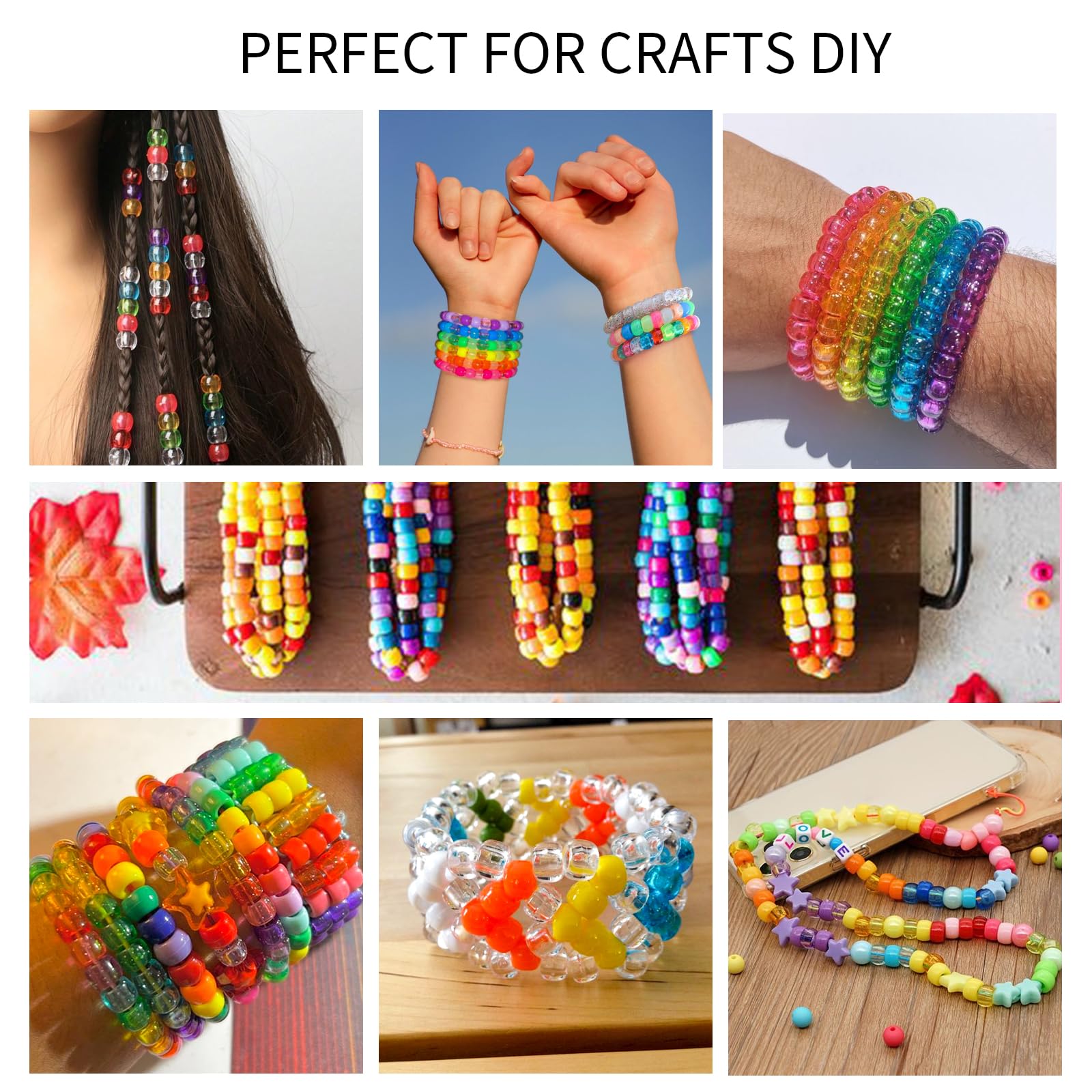 1000+pcs Glitter Beads Pony Beads Bulk, Acrylic Beads 9mm Large Plastic Beads for Bracelets Big Hole Hair Braids Crafts DIY Projects