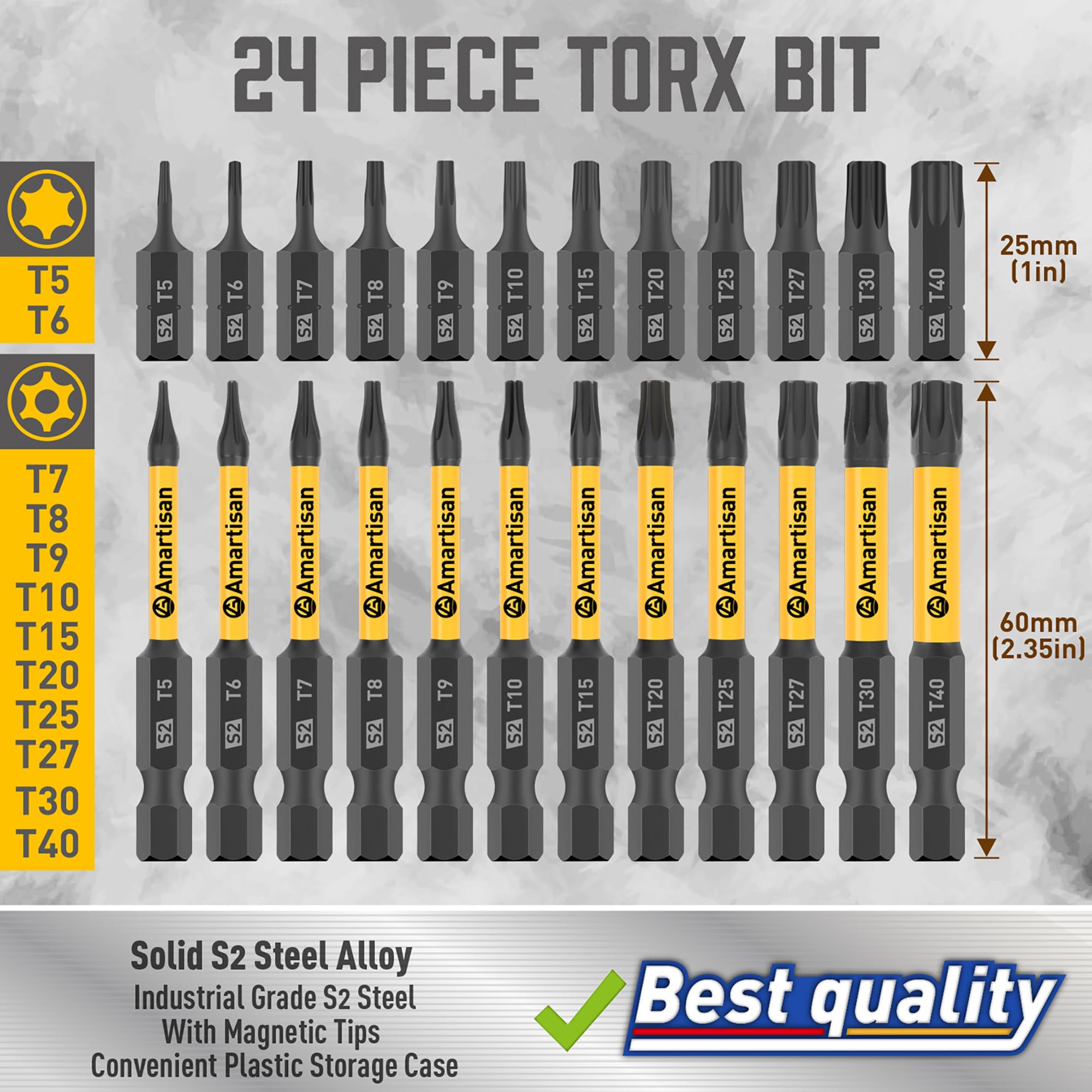 Amartisan Torx Bit Set, 24-Piece S2 Steel, 1" & 2.3" Long T5 - T40, Security, Tamper Resistant Fastener Drive Bit