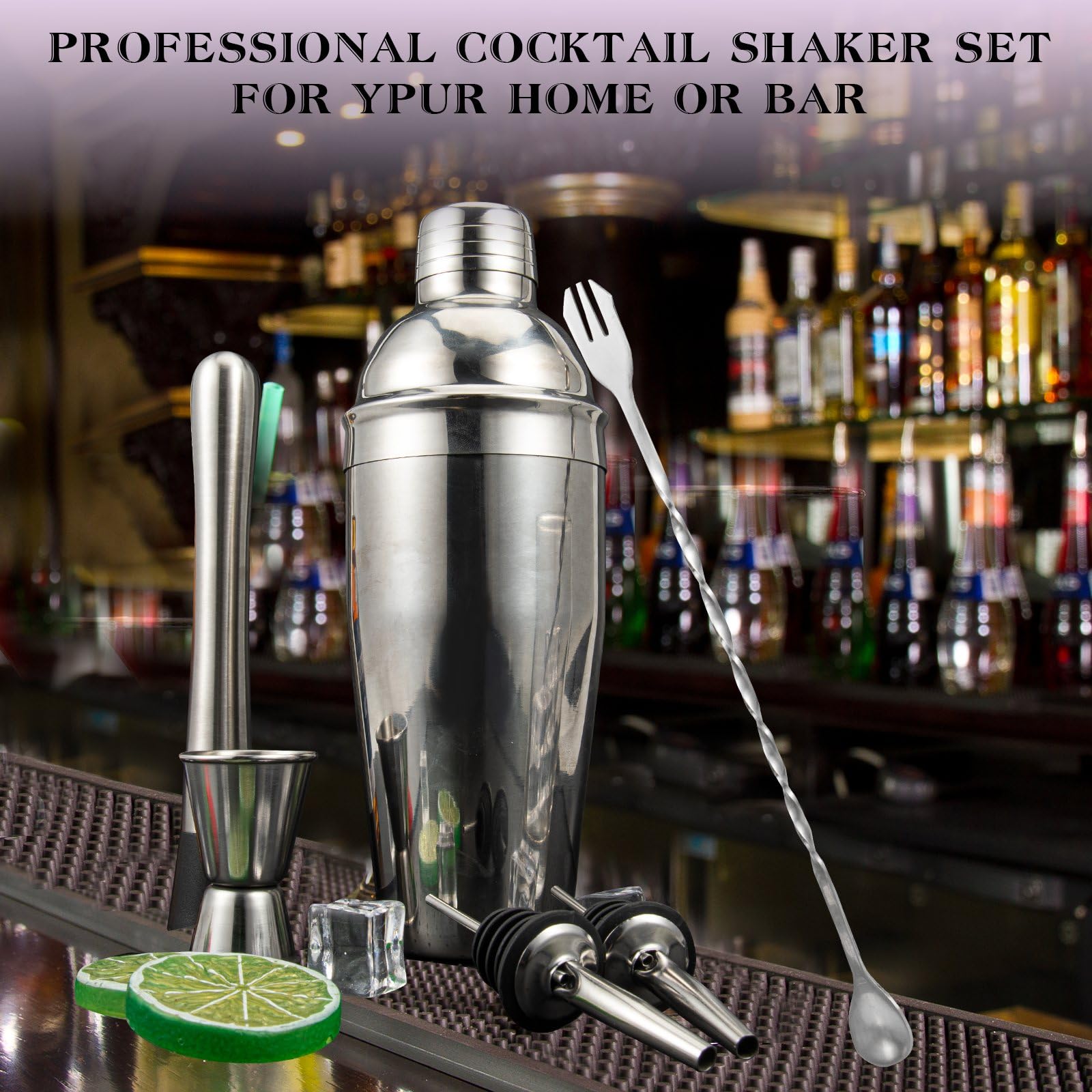 Cocktail Shaker Set, 6-Piece Mixology Bartender Kit Premium Shakers Bartending: Martini Shaker Jigger Mixing Spoon Muddler 2 Pourers Bar Tools Set with Built-in Bartender Strainer for Drink Shaker