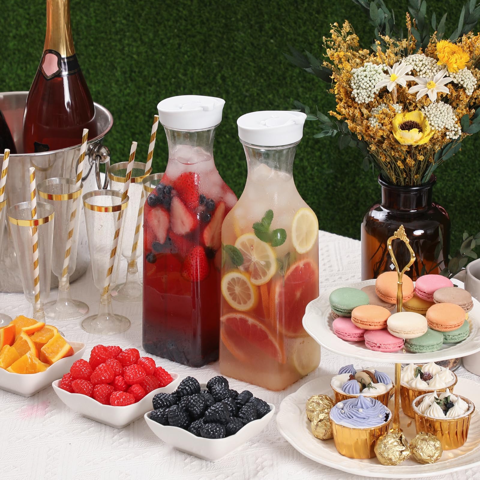 NETANY Plastic 50 Oz Water Carafe with Flip Top Lid, Set of 2 Square Base Juice Containers, Clear Plastic Pitcher - for Water, Iced Tea, Juice, Beverage, Cold Brew and Mimosa Bar - HAND WASH ONLY