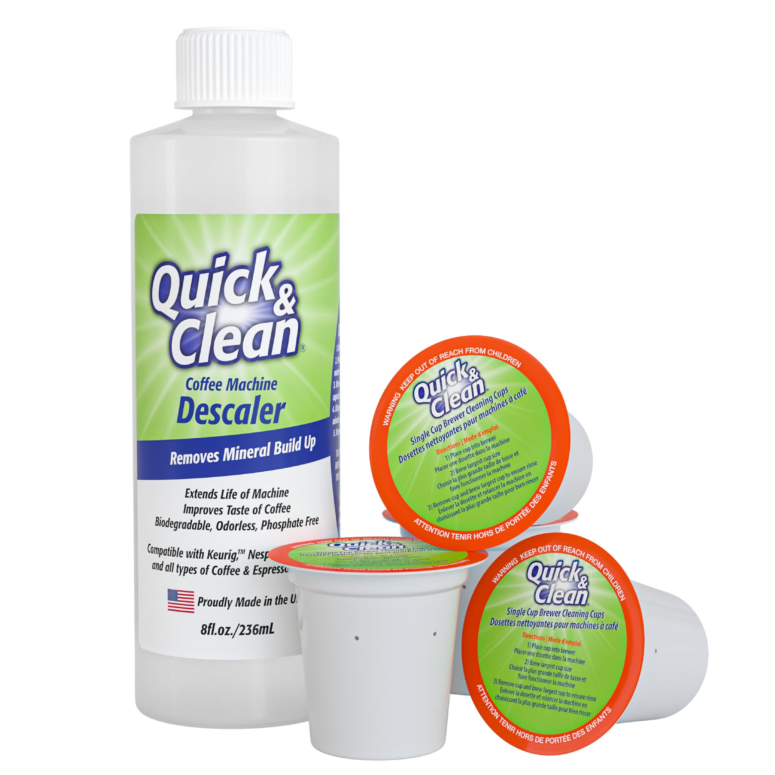 Quick & Clean 4-Pack of Cleaning Cups with Descaler Bundle (2 Total Uses) - 2.0 Compatible, Descaling Solution for Keurig, Nespresso, Ninja, Delonghi, All Coffee and Espresso Machines