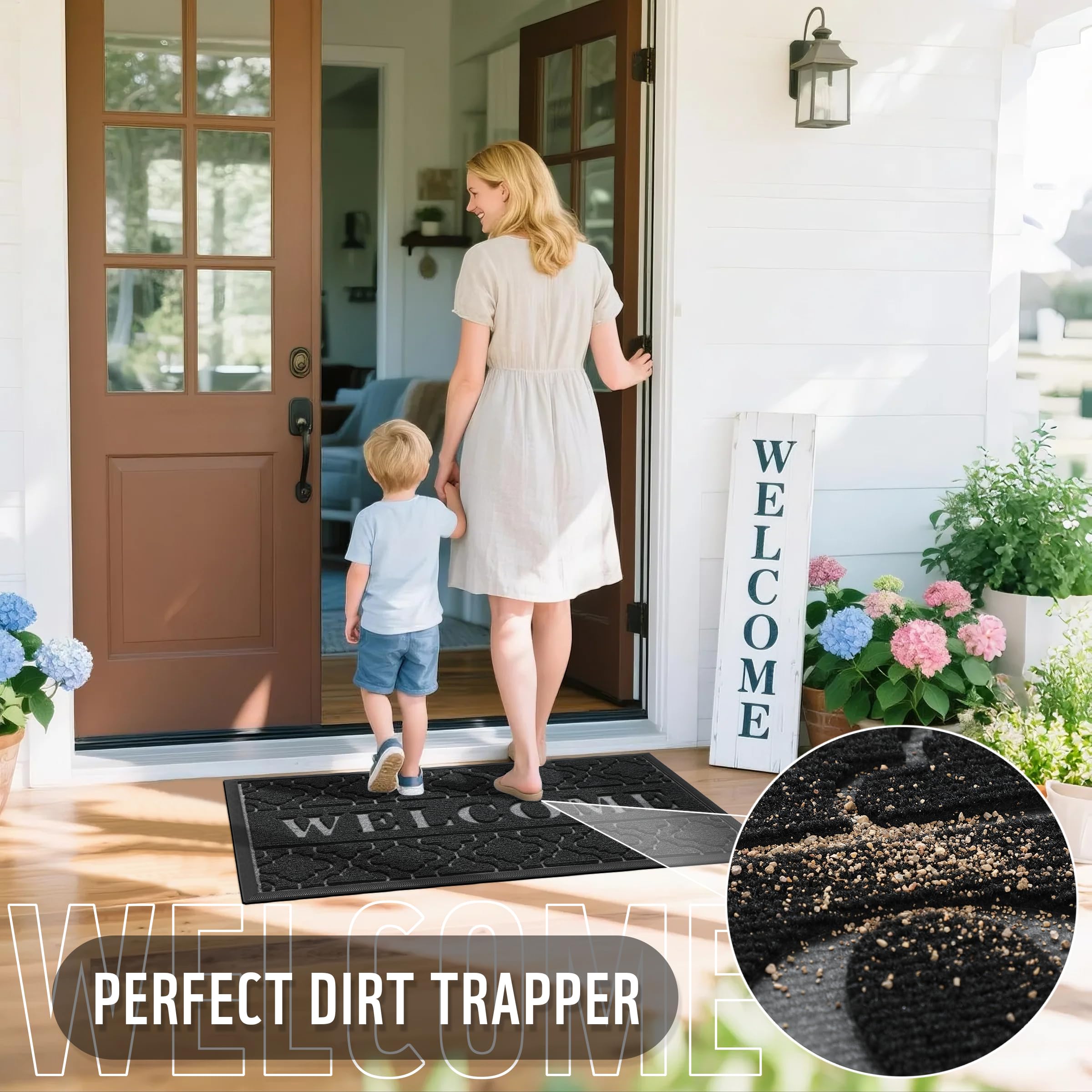 Yimobra Welcome Mat Outdoor Indoor 29.5x17, All-Weather Waterproof Front Door Mat Outside Entrance, Non-Slip Low Profile Porch Patio Doormat, Black