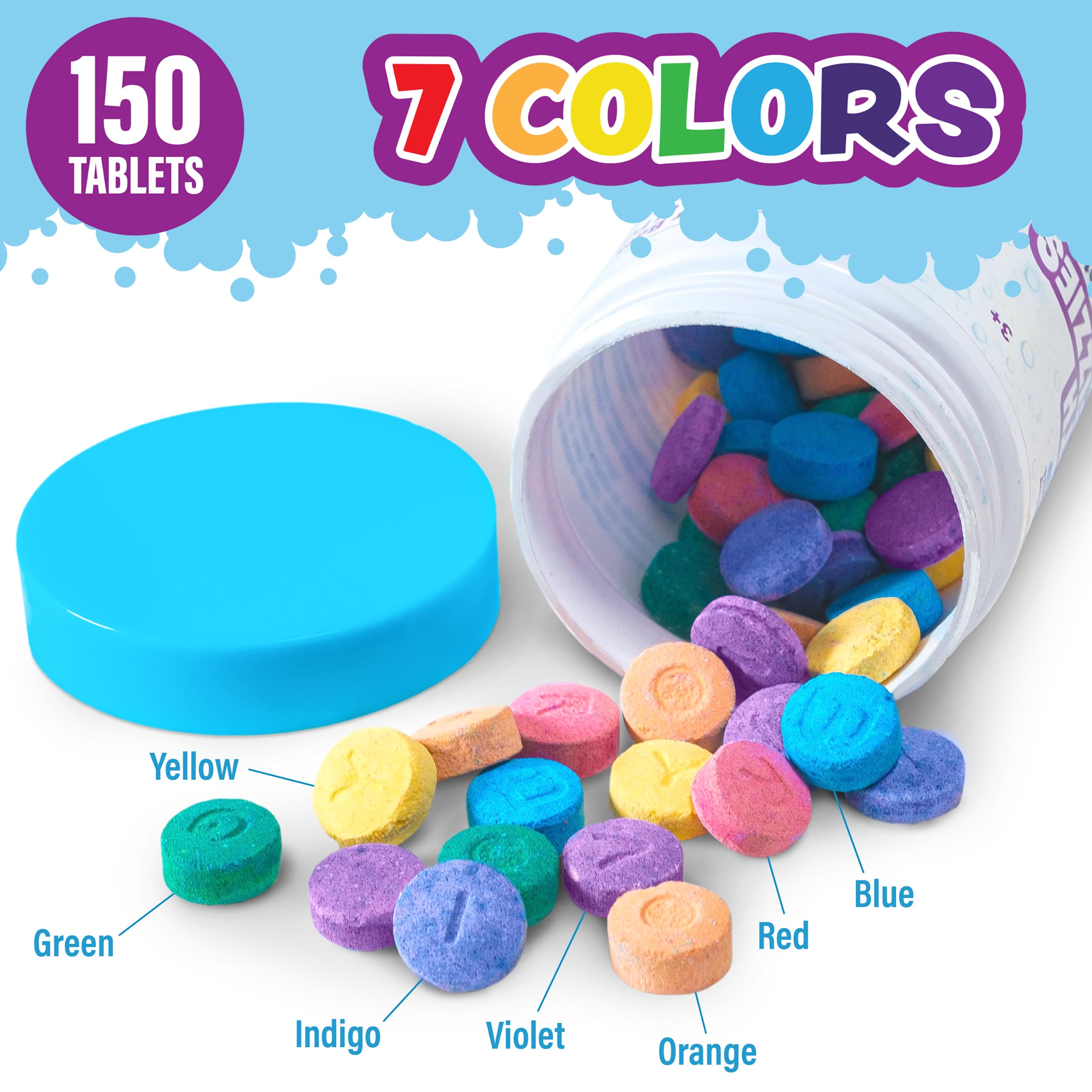 Tub Works® Bath Color Fizzies, 150 Count | Nontoxic & Fragrance-Free | Fizzy, Bath Color Tablets for Kids | Create Fun Bath Colors | Water Tablets in 7 Colors for Variety | Bath Bombs for Kids Bath