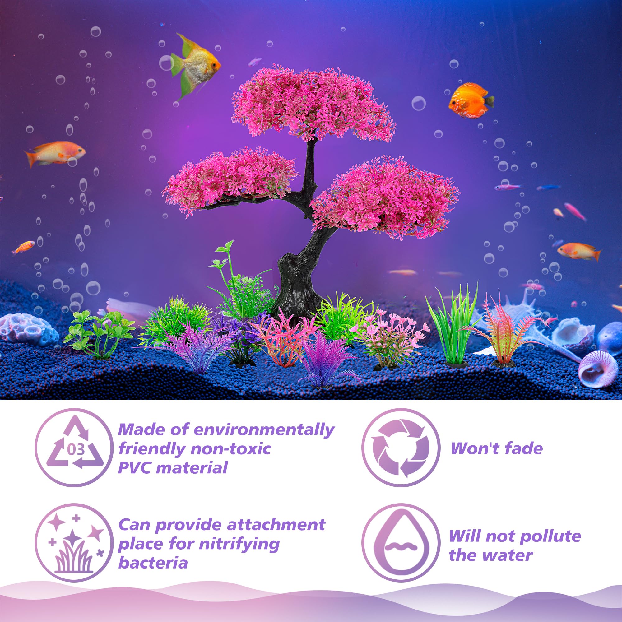 Ameliade Aquarium Artificial Plastic Plants Decoration, Pink Cherry Blossom Tree Aquarium Decor Set, Goldfish Betta Fish Tank Decorations Hides Accessories（Pink