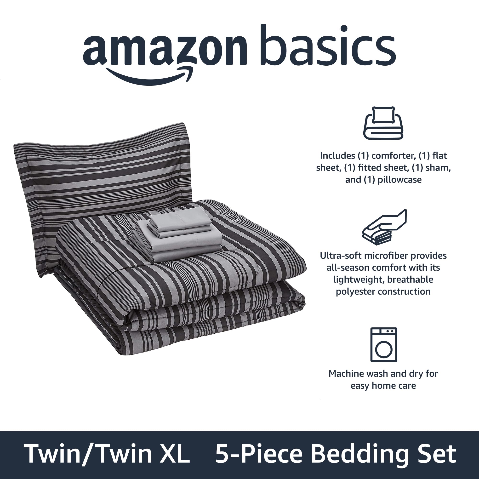 Amazon Basics 5-Piece Lightweight Microfiber Comforter Set with Sheets ,Bed-in-a-Bag Sheets, Gray Calvin Striped Bedding, Twin/Twin XL