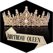 Birthday Sash and Crown for Women, Gold Crystal Princess Tiaras Rhinestone Queen Headband Wedding Bridal Hair Accessories, Birthday Prom Pageant Party Coming of Age Ceremony Photo Props