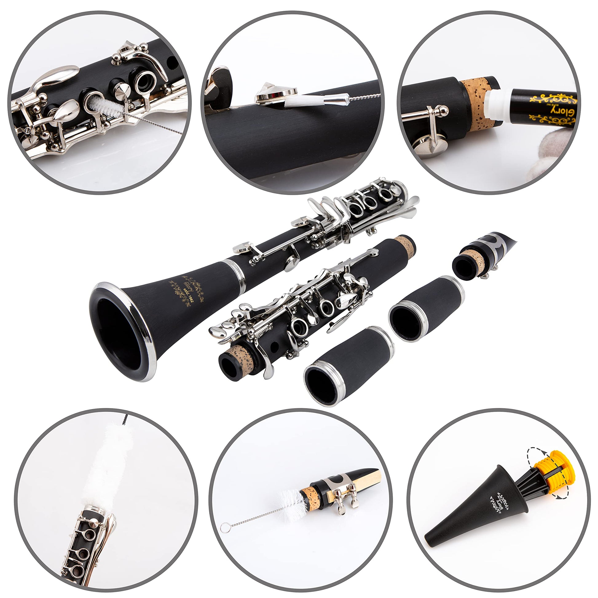 Glory GLY-PBK Professional Ebonite Bb Clarinet with 10 Reeds, Stand, Hard Case, Cleaning Cloth, Cork grease, Mouthpiece Brush and Pad Brush, Black