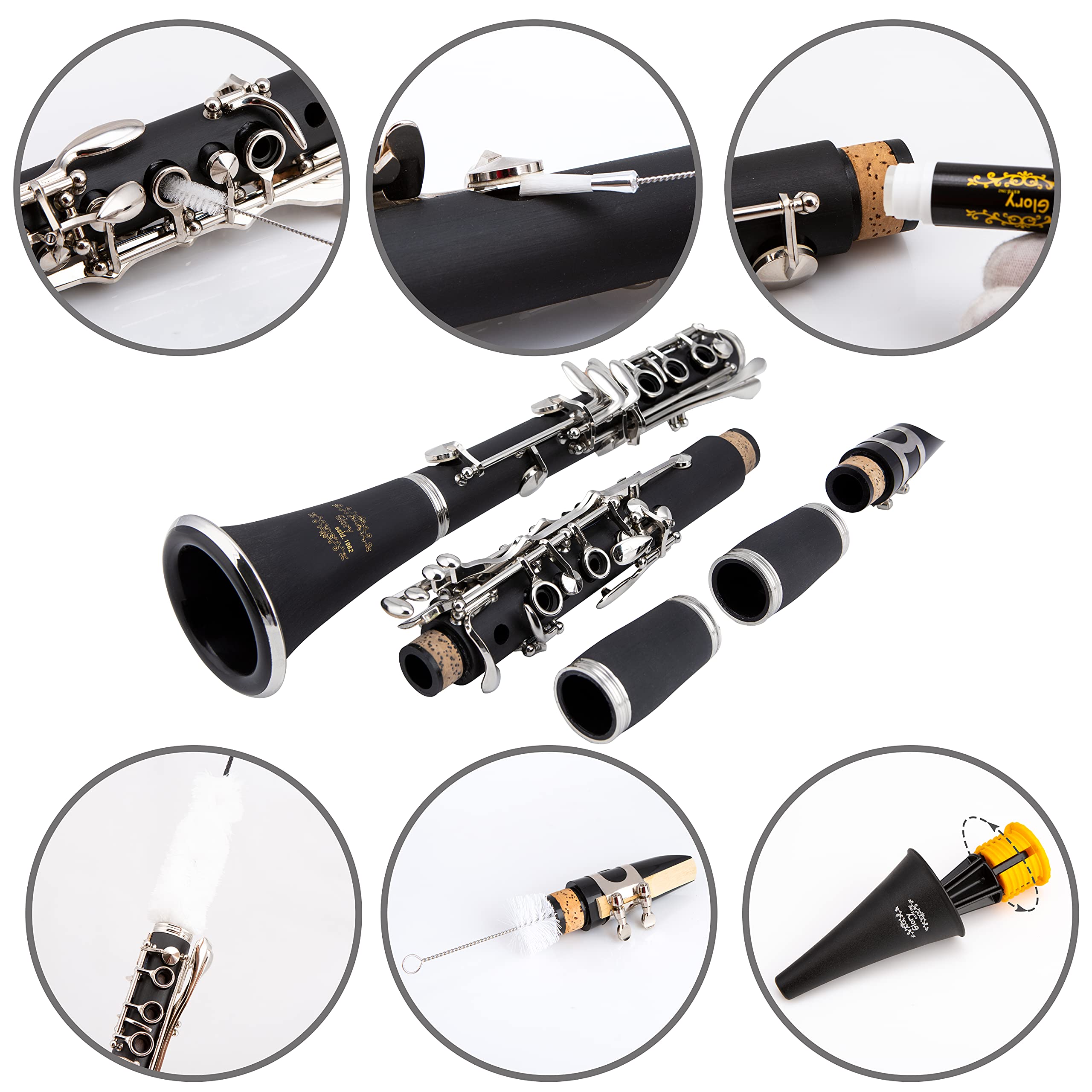 Glory GLY-PBK Professional Ebonite Bb Clarinet with 10 Reeds, Stand, Hard Case, Cleaning Cloth, Cork grease, Mouthpiece Brush and Pad Brush, Black