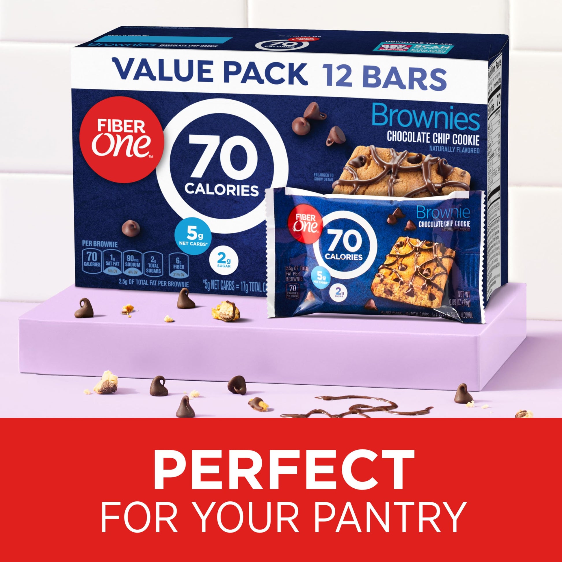 Fiber One 70 Calorie Brownies, Chocolate Chip Cookie Snack Bars, 2g Sugar, Value Pack, 12 Ct, 10.6 oz