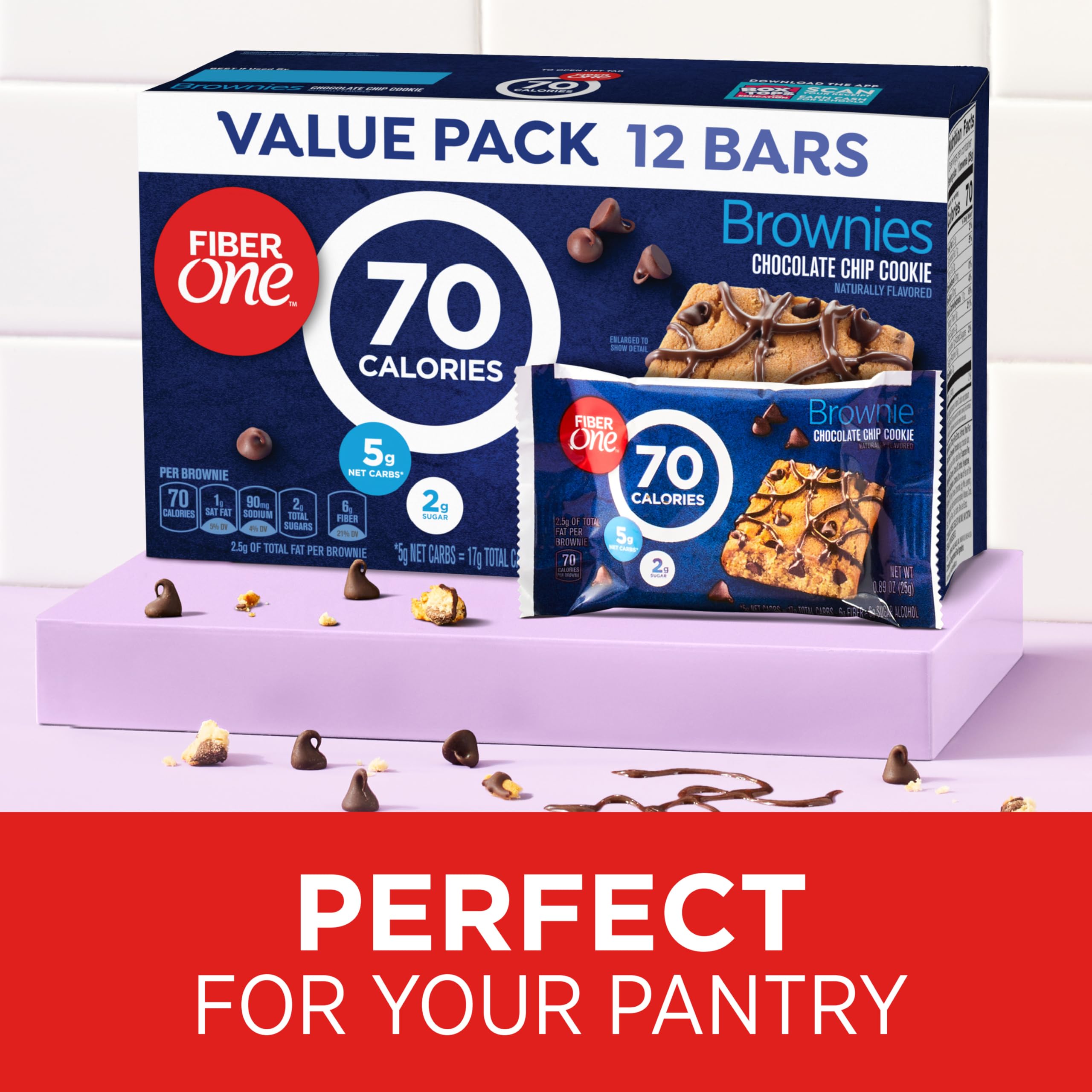 Fiber One 70 Calorie Brownies, Chocolate Chip Cookie Snack Bars, 2g Sugar, Value Pack, 12 Ct, 10.6 oz