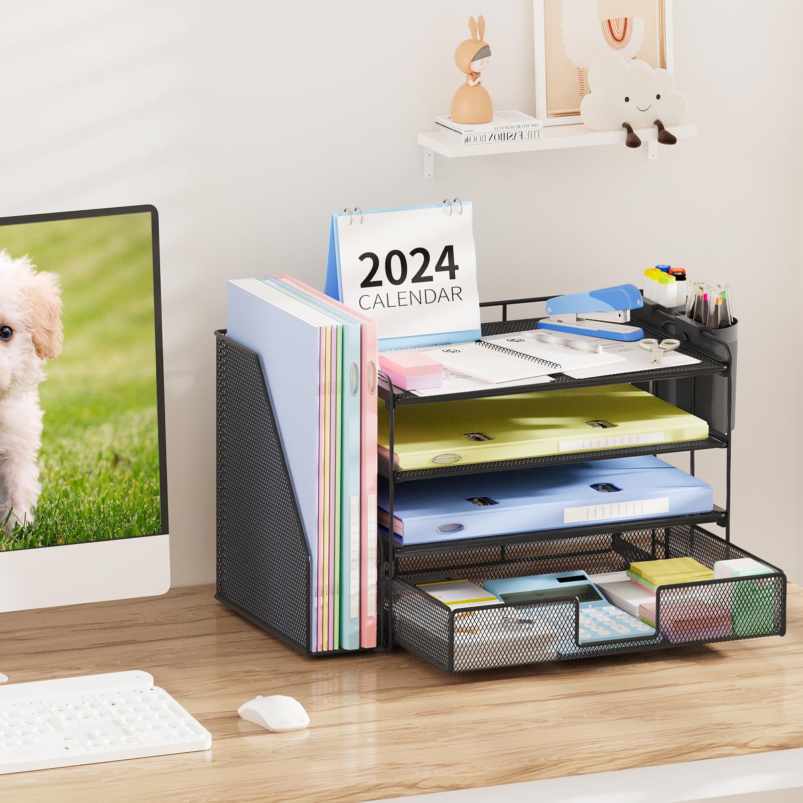 OPNICE Desk Organizer and Accessories, 4-Tier Desktop File Organizer with Drawer and 2 Pen Holders, Office Desk Accessories, Workspace Organizers for Office Supplies(Black)