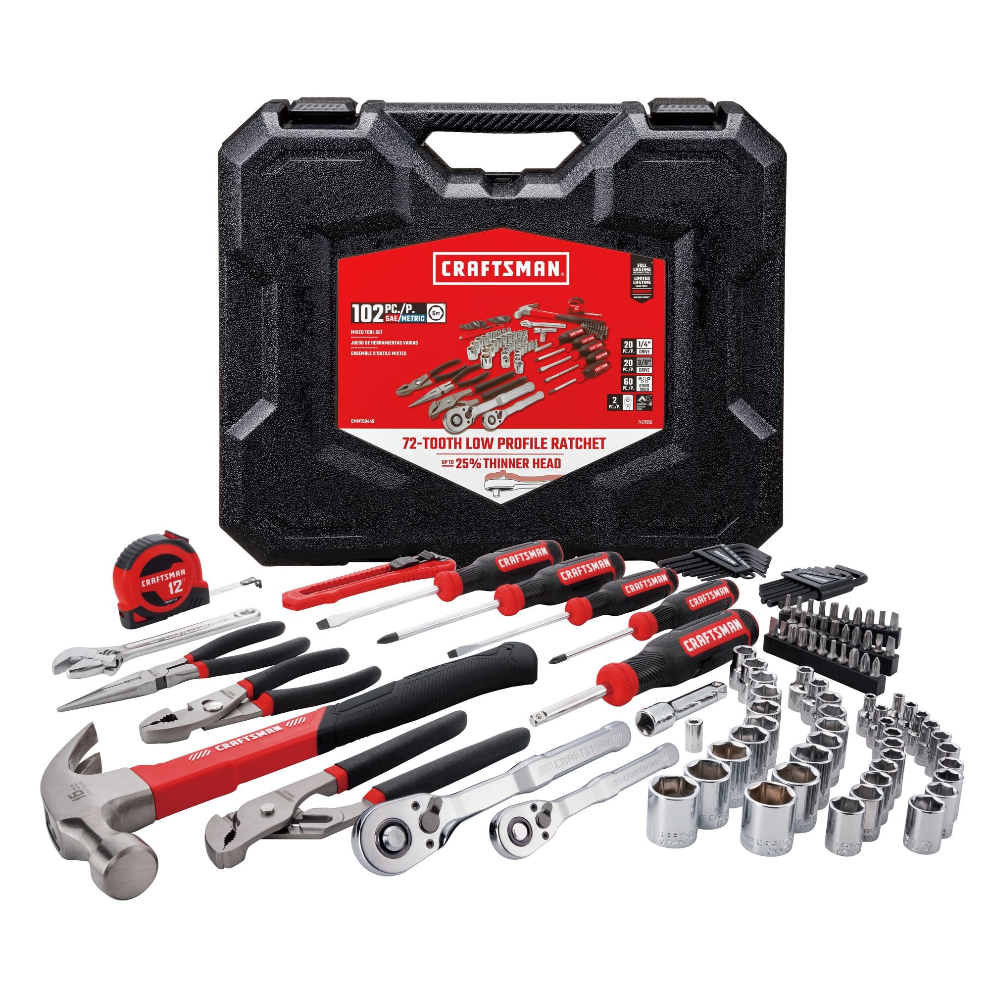 CRAFTSMAN 102-Piece Tool Kit for Home and Car, Durable Hand Tools Set with SAE and Metric Socket Set, Screwdrivers, Wrench, Hammer, Pliers, Knife, Hex Keys, Specialty Bits, Tape Measure (CMMT99449)