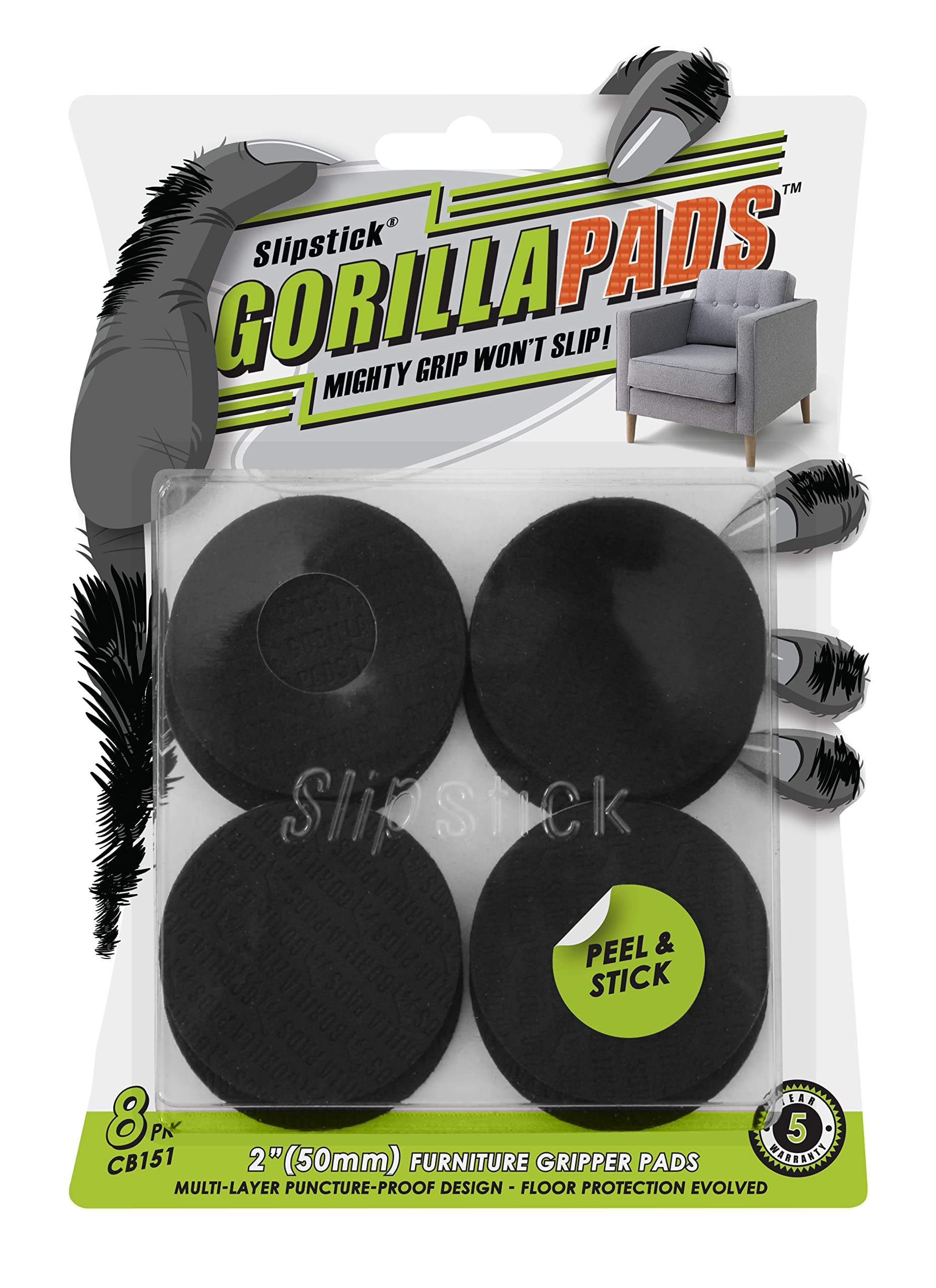 Slipstick GorillaPads CB150 Non Slip Furniture Pads/Rubber Grips (Set of 8) Self Adhesive Furniture Feet Floor Protectors, 1-1/2 inch Square, Black