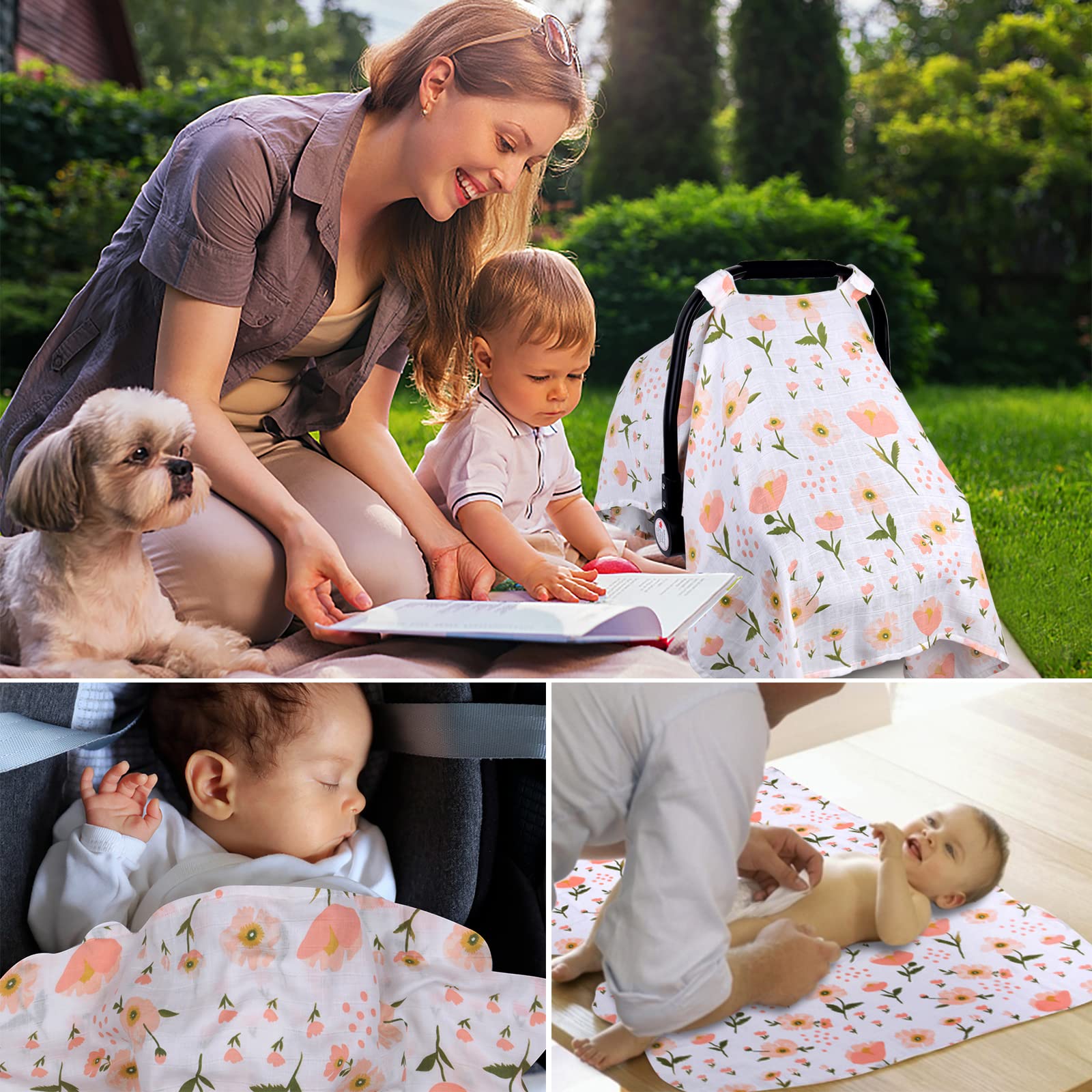 Muslin Carseat Cover for Babies, Metplus Breathable Infant Carseat Cover Lightweight Baby Carrier Cover for Girls Boys, Fit Spring Summer/Hot Days/Warm Weather, Pink Floral