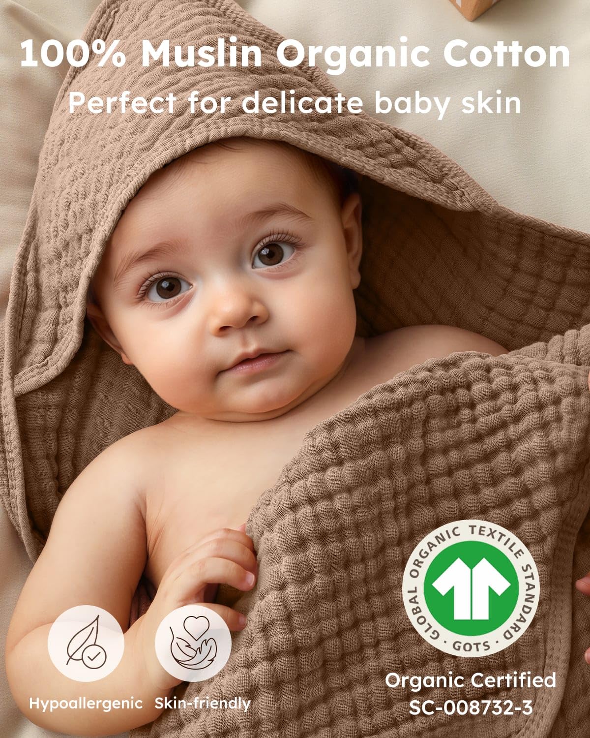 Yoofoss Hooded Baby Towels for Newborn 2 Pack 100% Muslin Organic Cotton Baby Bath Towel with Hood for Babies, Infant, Toddler and Kids, 32x32Inch, Soft and Absorbent Newborn Essential, Beige&Coffee