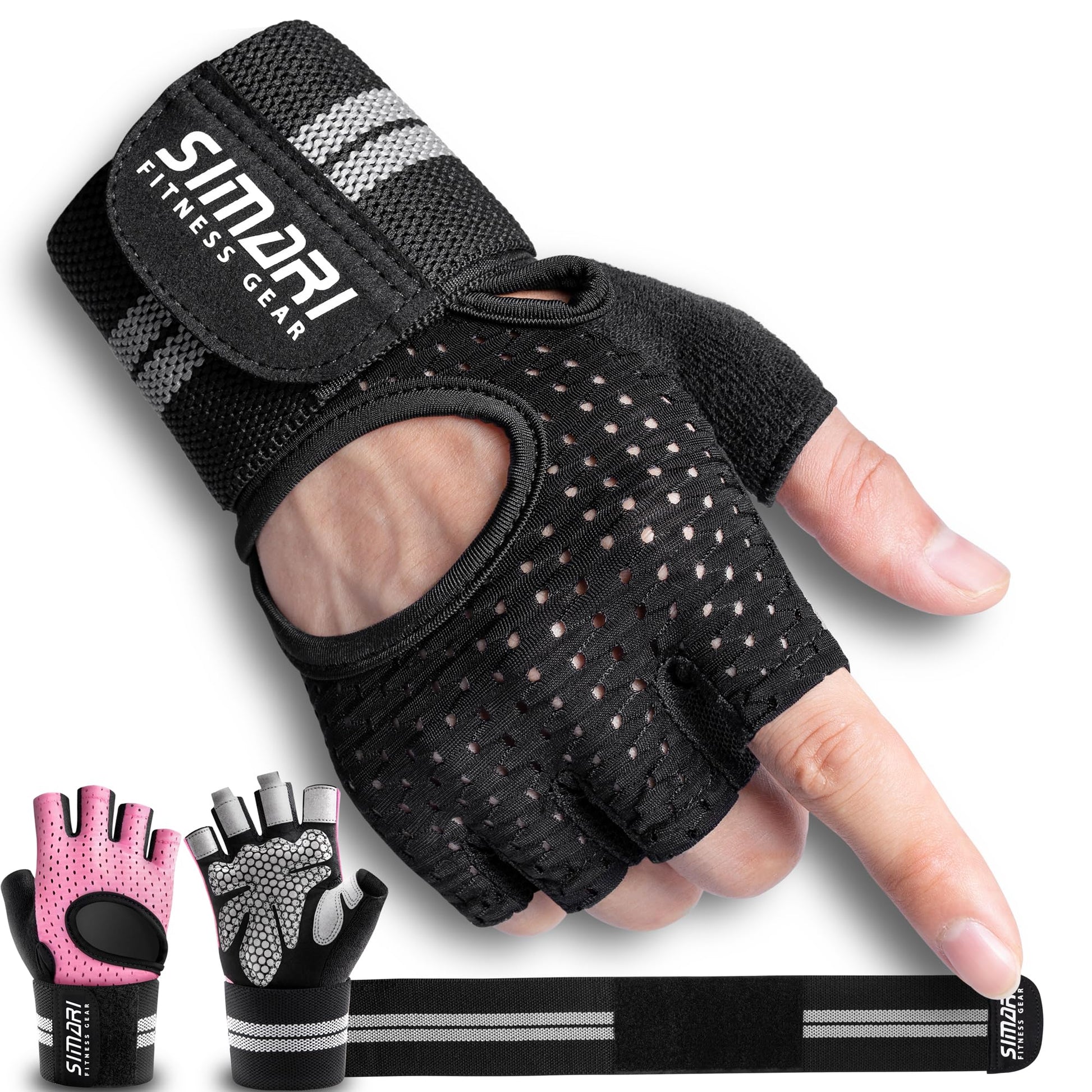 SIMARI Breathable Workout Gloves for Men Women, Padded Weight Lifting Gloves with Wrist Wraps Support, Full Palm Protection, Grip for Gym Training, Fitness, Weightlifting, Exercise Fingerless Black