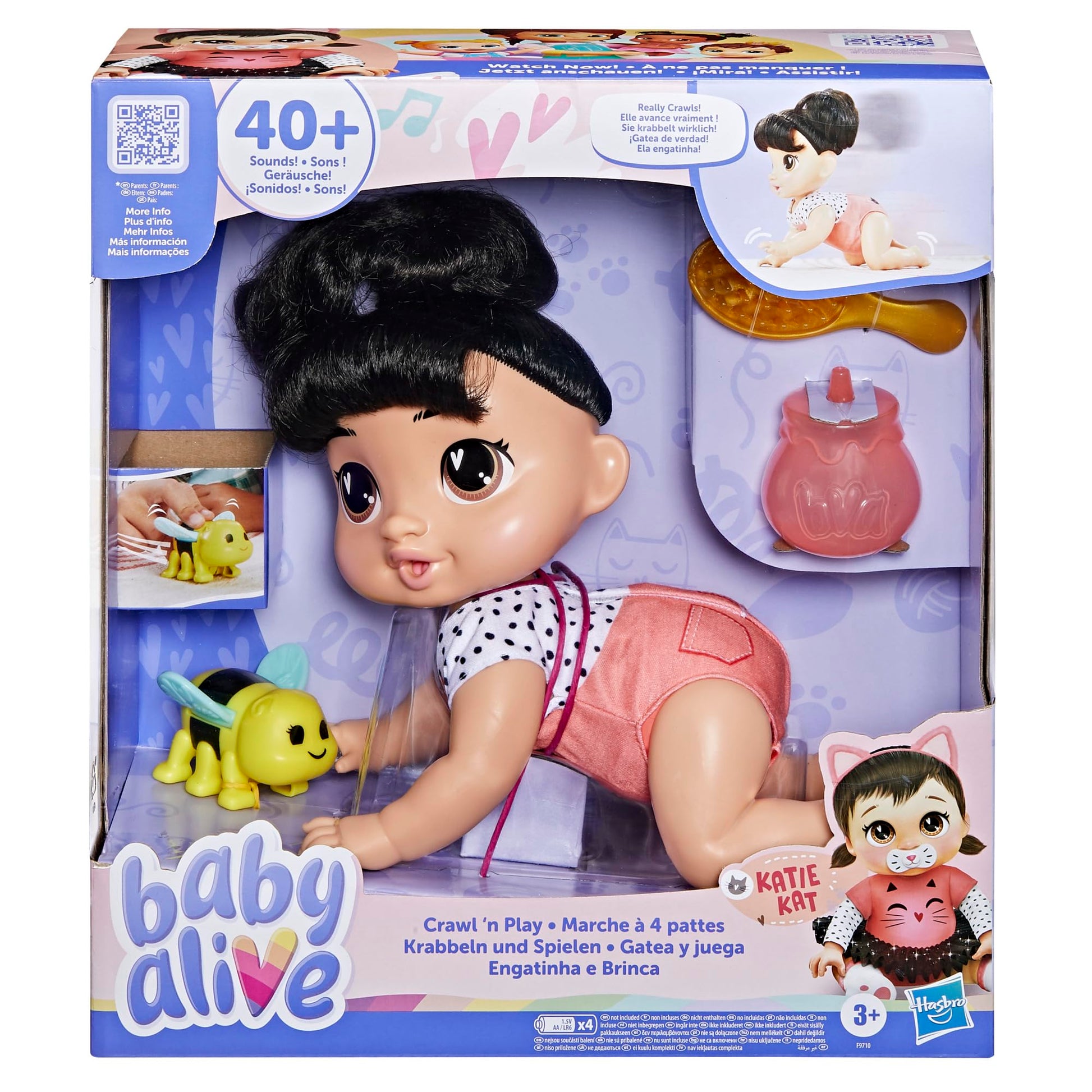 Baby Alive Crawl 'n Play Katie Kat Electronic Crawling Baby Doll Set, Black Hair, Kids Toys for Girls & Boys 3 Years & Up, 10.75 Inches
