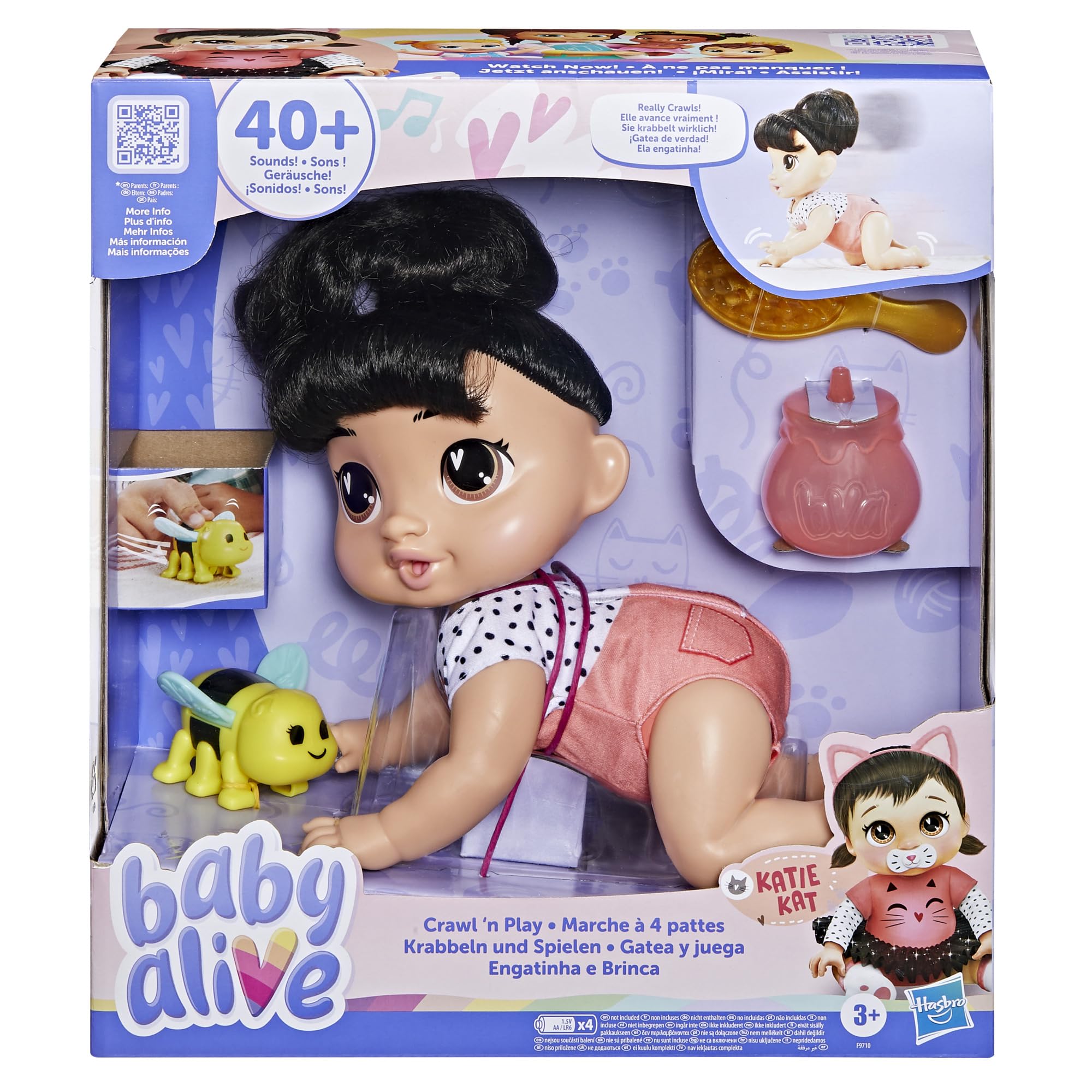 Baby Alive Crawl 'n Play Katie Kat Electronic Crawling Baby Doll Set, Black Hair, Kids Toys for Girls & Boys 3 Years & Up, 10.75 Inches