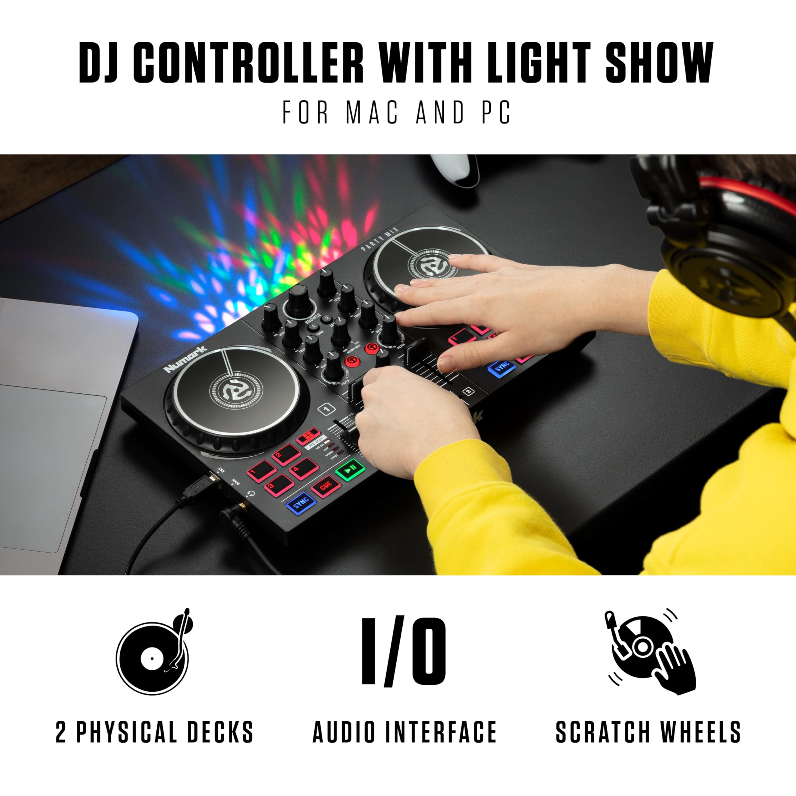 Numark Party Mix DJ Controller with Lights, 2 Decks, Mixer, Audio Interface and (Serato Lite)
