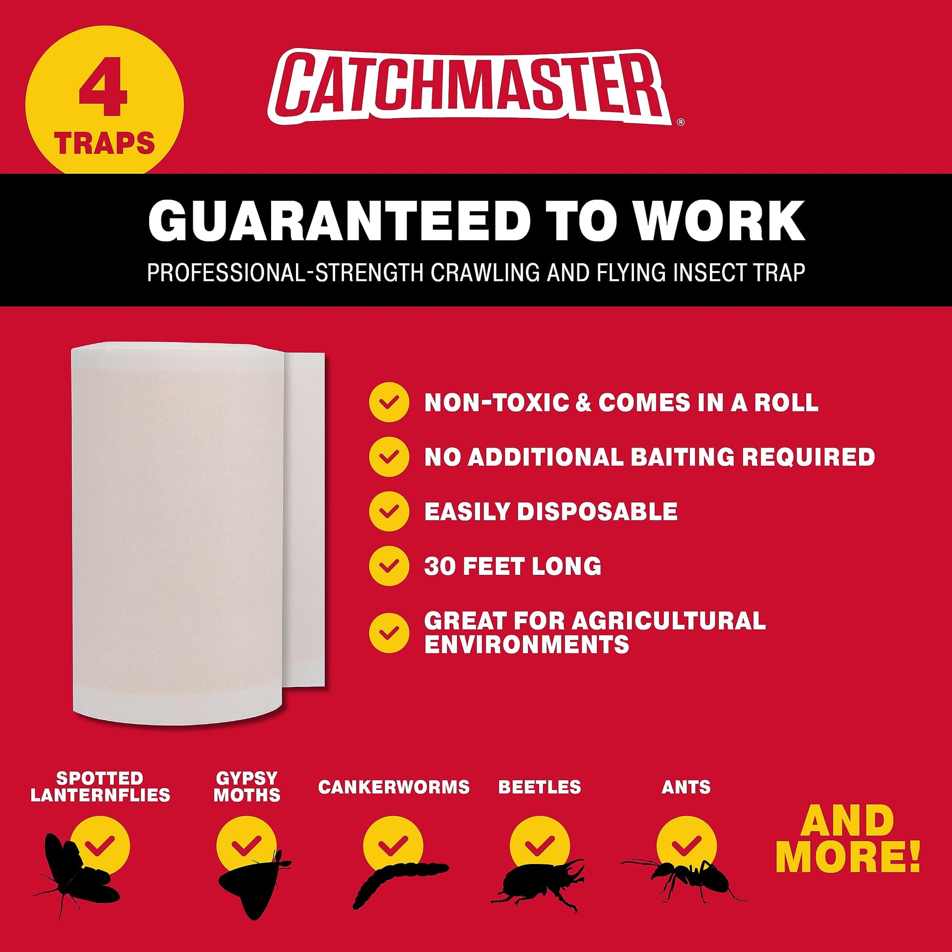 Catchmaster Tree Shield Lantern Fly & Ant Traps Insect Barrier, 4 Rolls 30ft Each, Outdoor Adhesive Crawling Insect Trap, Glue Traps to Protect Trees, Fruit & Plants, Pest Control Lawn & Garden