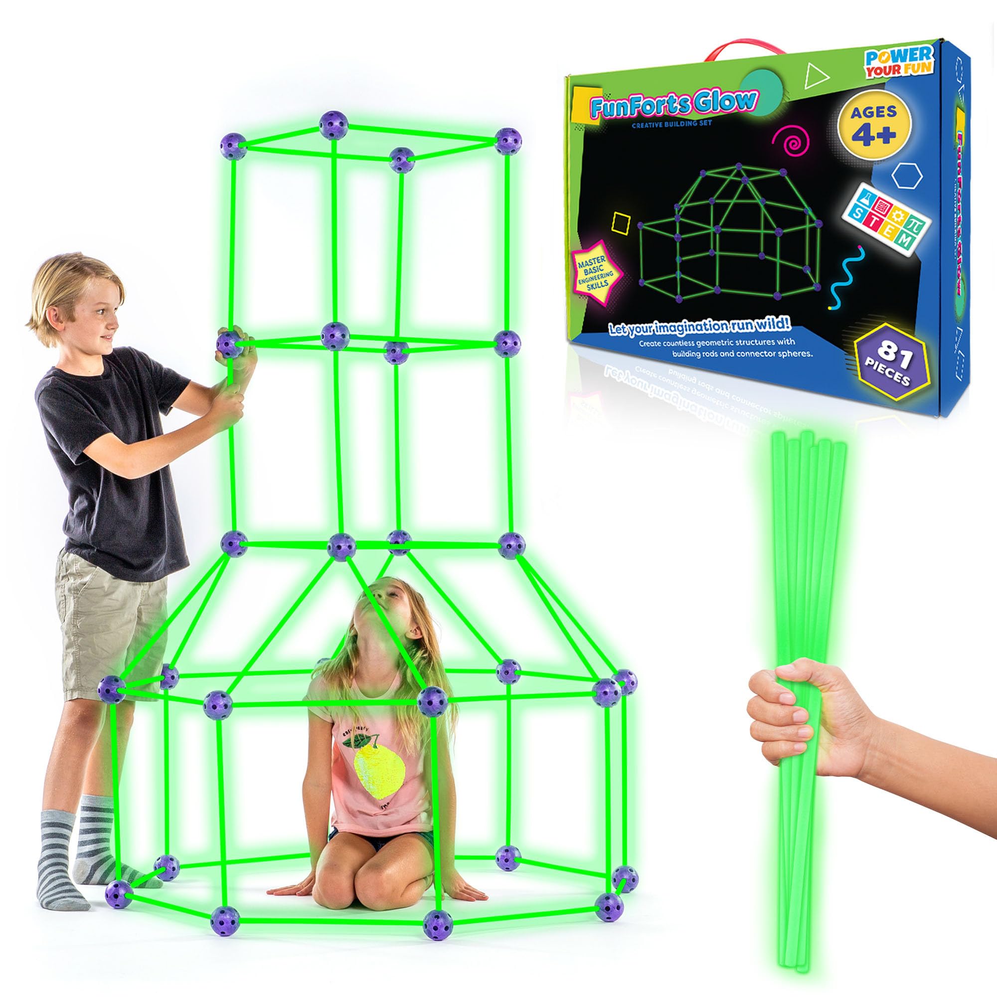 Fun Forts Leuchtendes Burgenbau-Set für Kinder – 81-teiliges, im Dunkeln leuchtendes MINT-Bauspielzeug, Spielzelt für drinnen und draußen, Konstruktionsspielzeug mit 53 Stäben und 28 Kugeln