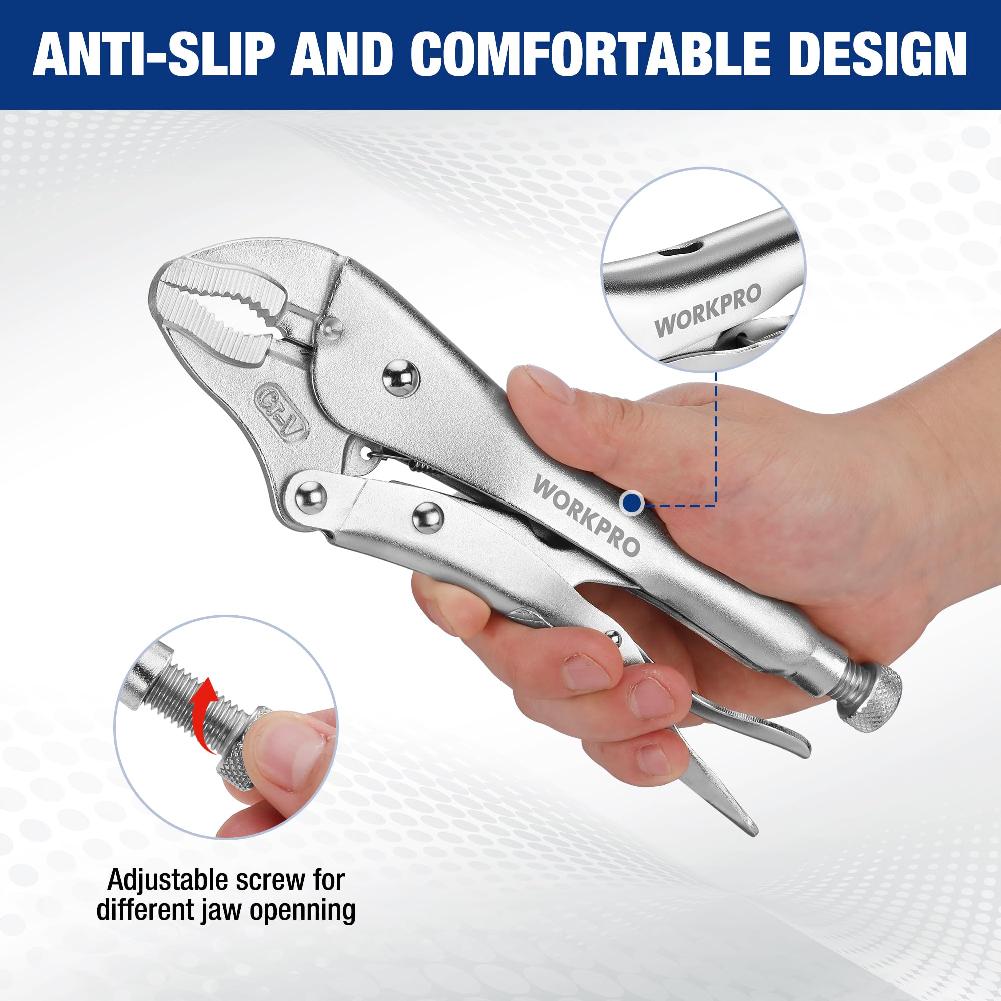 WORKPRO 5-Piece Locking Pliers Set, Pliers Tool Set, Vice Grips with Chrome-vanadium Steel, 5/7/10 inch Curved Jaw Pliers, 6.5/9 inch Long Nose Pliers