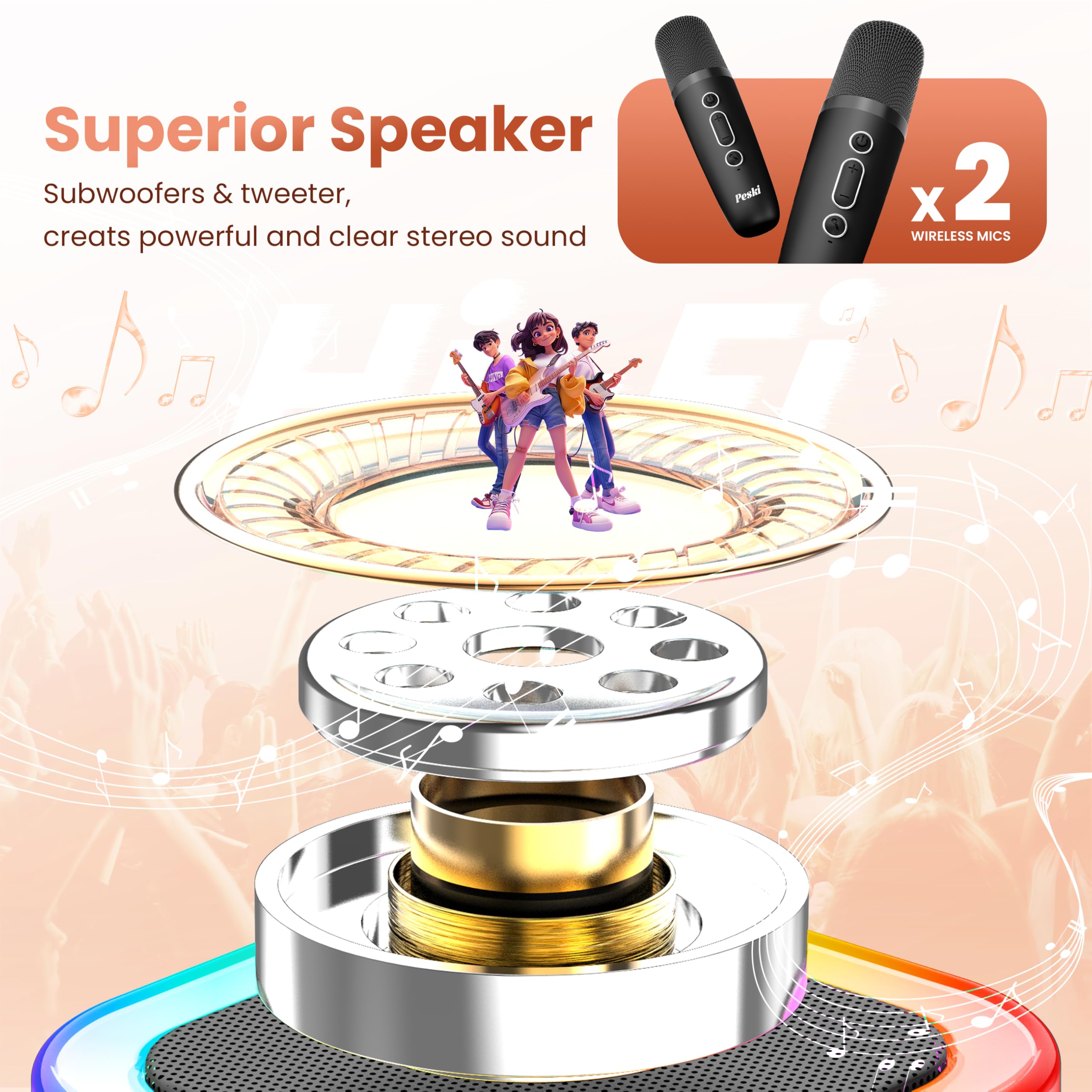 Karaoke Machine for Kids Adults, Portable Bluetooth Mini Karaoke Microphone Singing Speaker with 2 Wireless Mic and Light, for All Smartphones,Birthday, Family,Home Party (Black)
