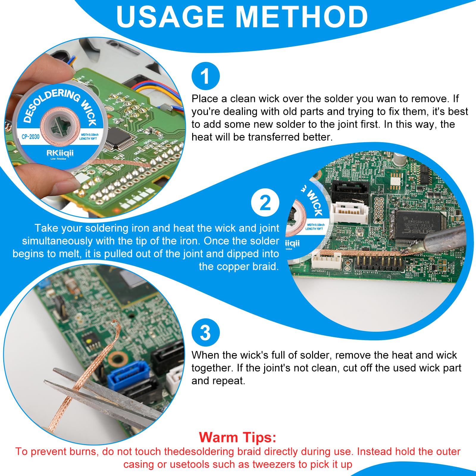 Rkiiqii 3pcs Solder Wick Braid with Flux, Upgrade Desoldering Wick (0.08/0.1/0.12in, 10ft Each) No Clean Low Residue Soldering Wick, Coated Braid for Electronics Component Repair, PCB Circuit Board