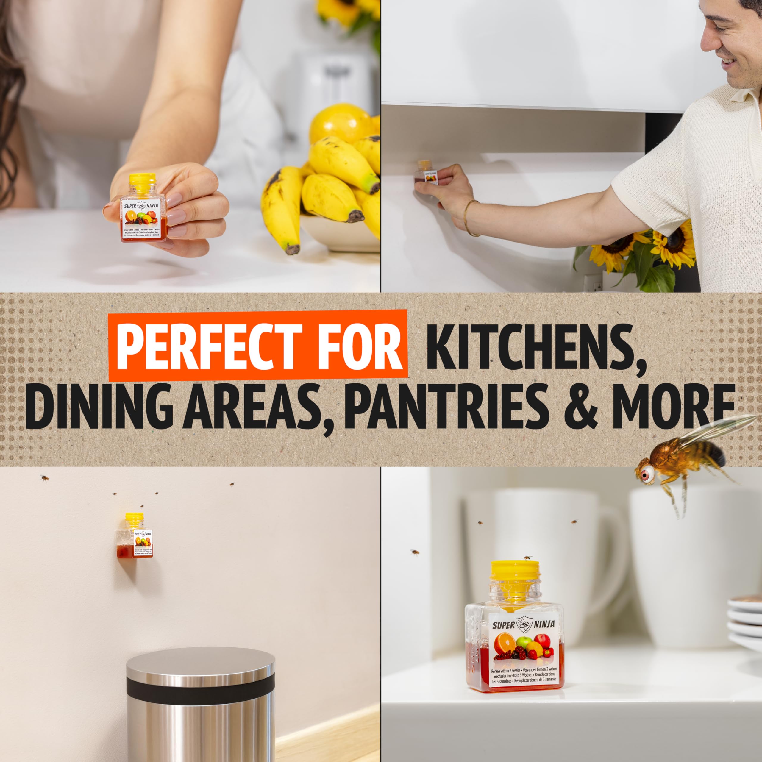 Super Ninja Fruit Fly Traps for Indoors - 4 Pack, Highly Effective Fruit Fly Catcher for Indoor Use for Home & Kitchen, Up to 3 Weeks of Performance per Bottle, Kid & Pet Friendly