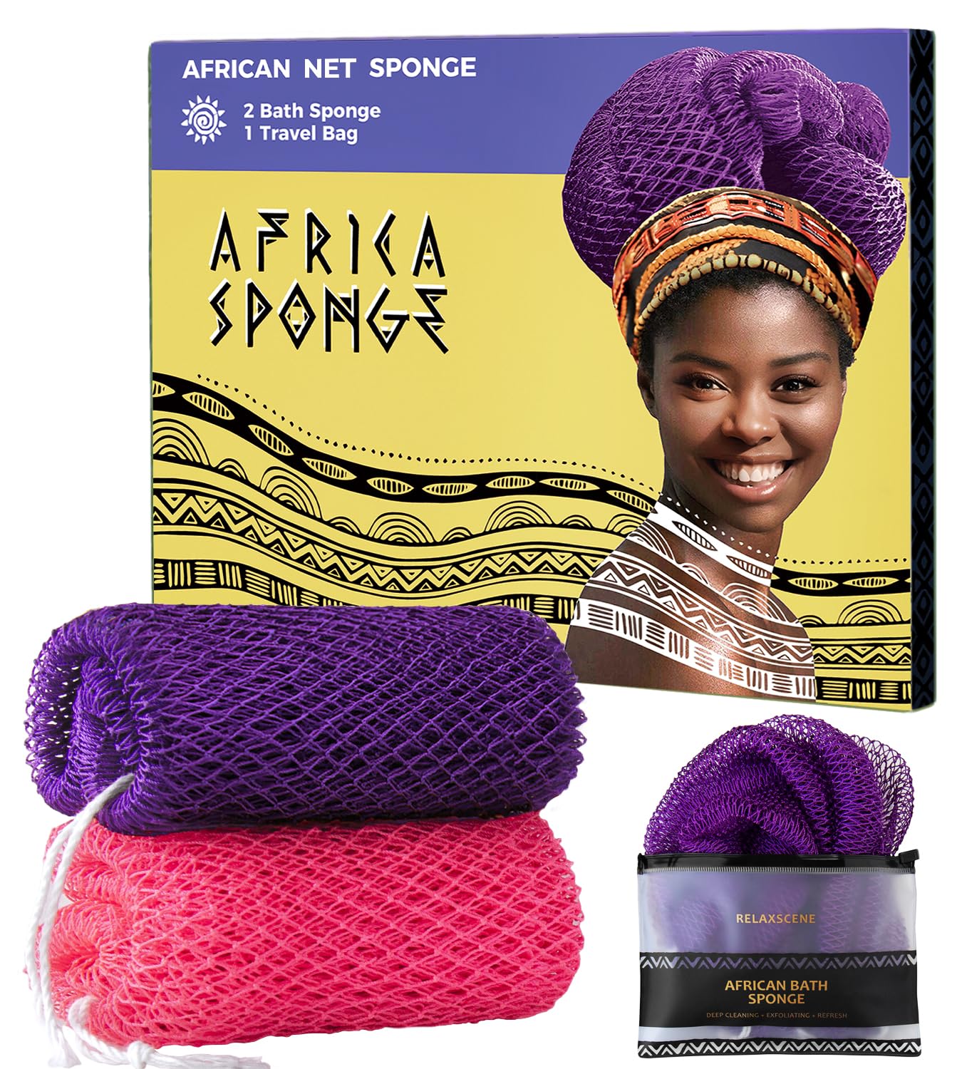African Net Sponge Authentic - 2 Pieces Loofah Exfoliating Body Scrubber Bath Sponge - Back Scrubber Washcloth for Shower - Real African Scrub Exfoliator Body Care Bathing Accessories for Women