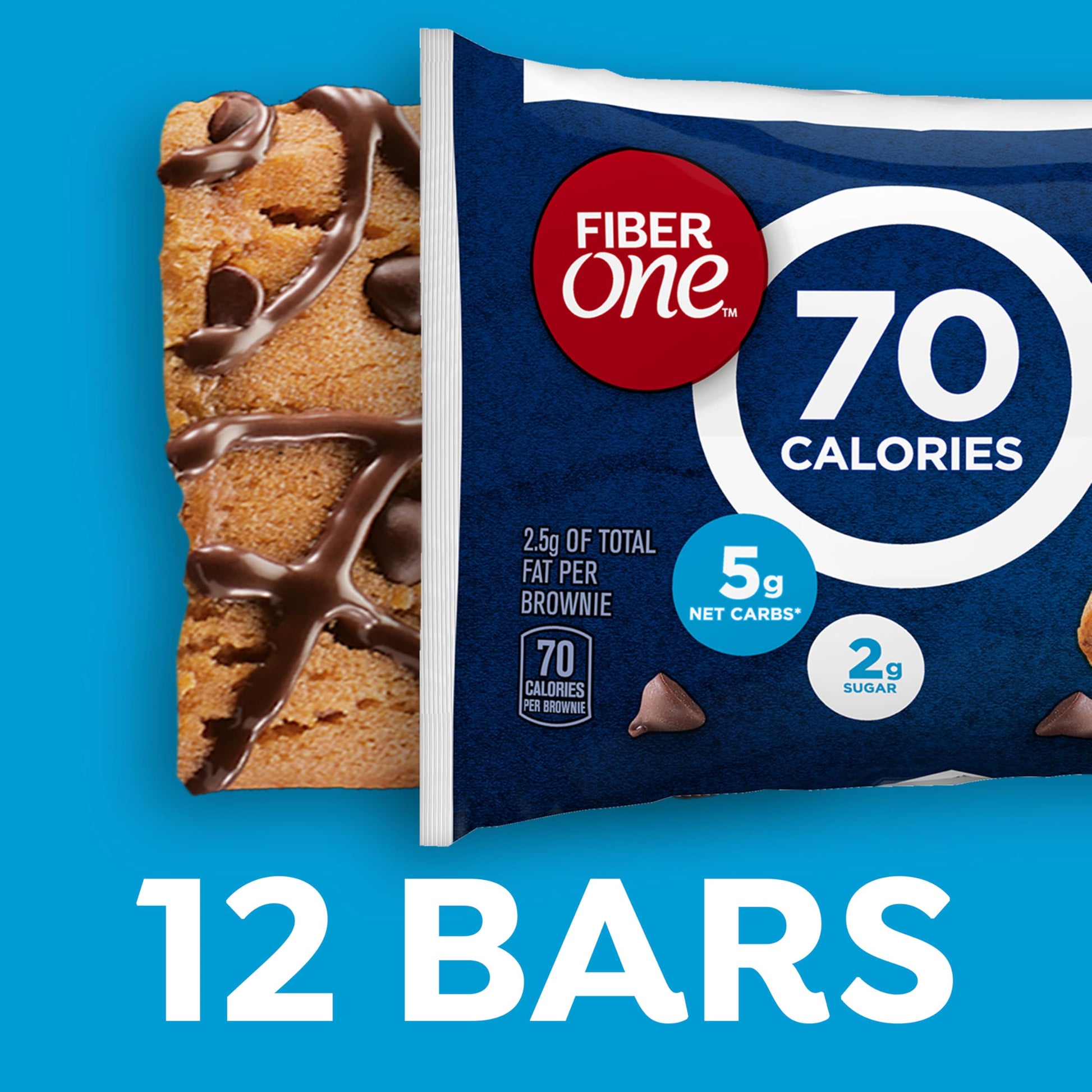 Fiber One 70 Calorie Brownies, Chocolate Chip Cookie Snack Bars, 2g Sugar, Value Pack, 12 Ct, 10.6 oz