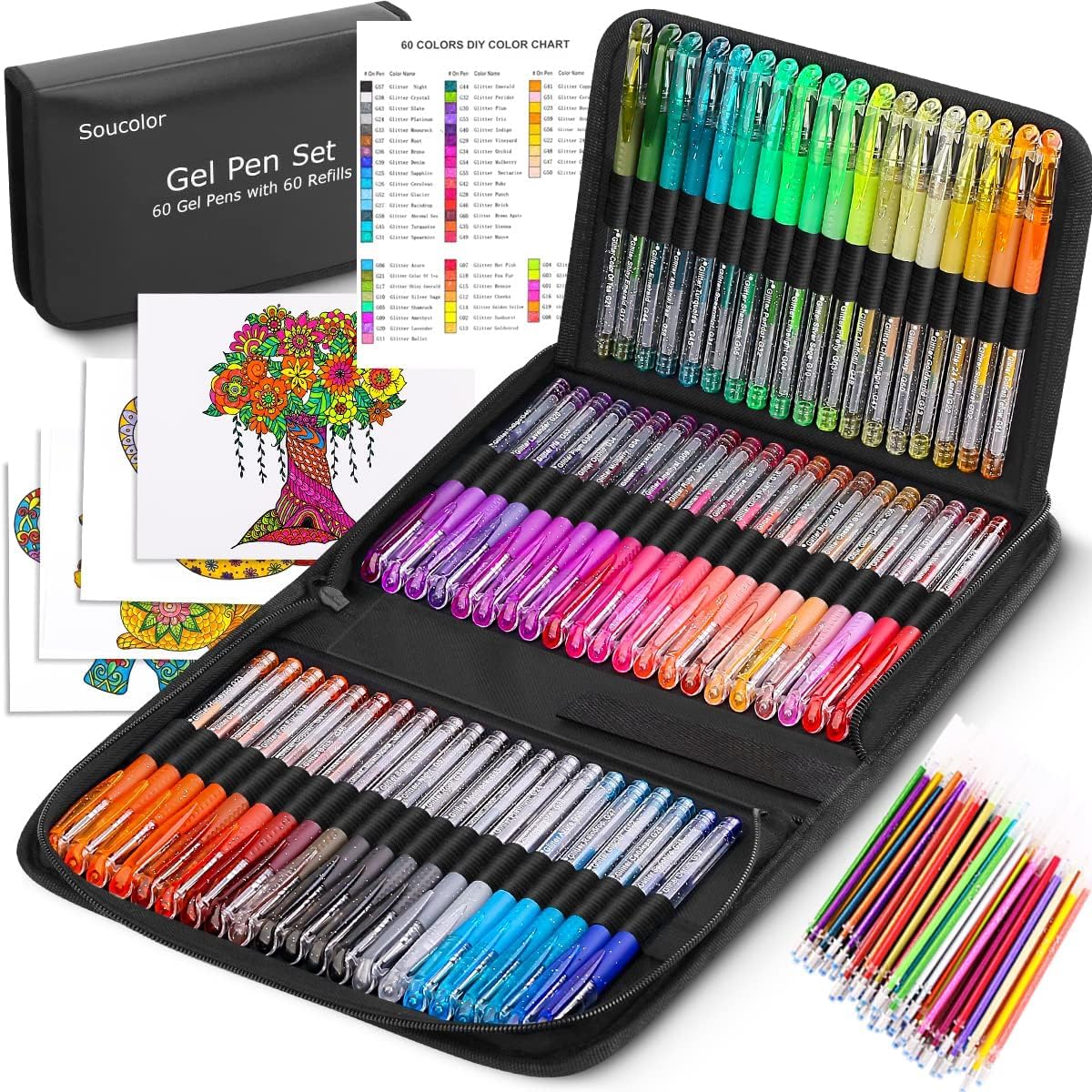Soucolor Glitzer-Gelstifte für Malbücher für Erwachsene, Schulbedarf, 120er-Pack – 60 Glitzerstifte, 60 Nachfüllminen und Reiseetui, Set mit 40 % mehr Tinte für Zeichnen, Kritzeln, Journaling, Künstlerbedarf