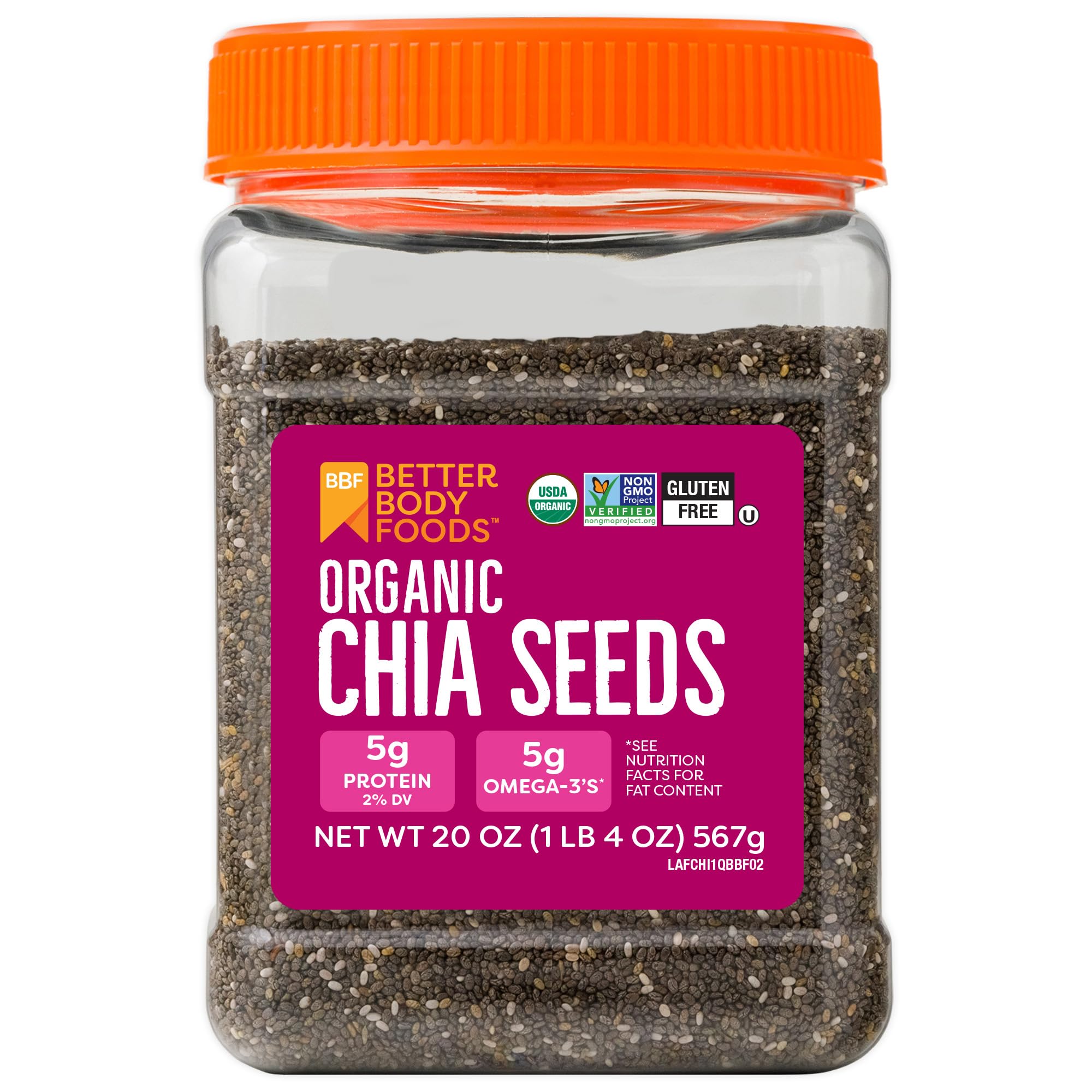 BetterBody Foods Organic Chia Seeds with Omega-3, Non-GMO, Gluten Free, Keto Diet Friendly, Vegan, Good Source of Fiber, Add to Smoothies, 1.25lb