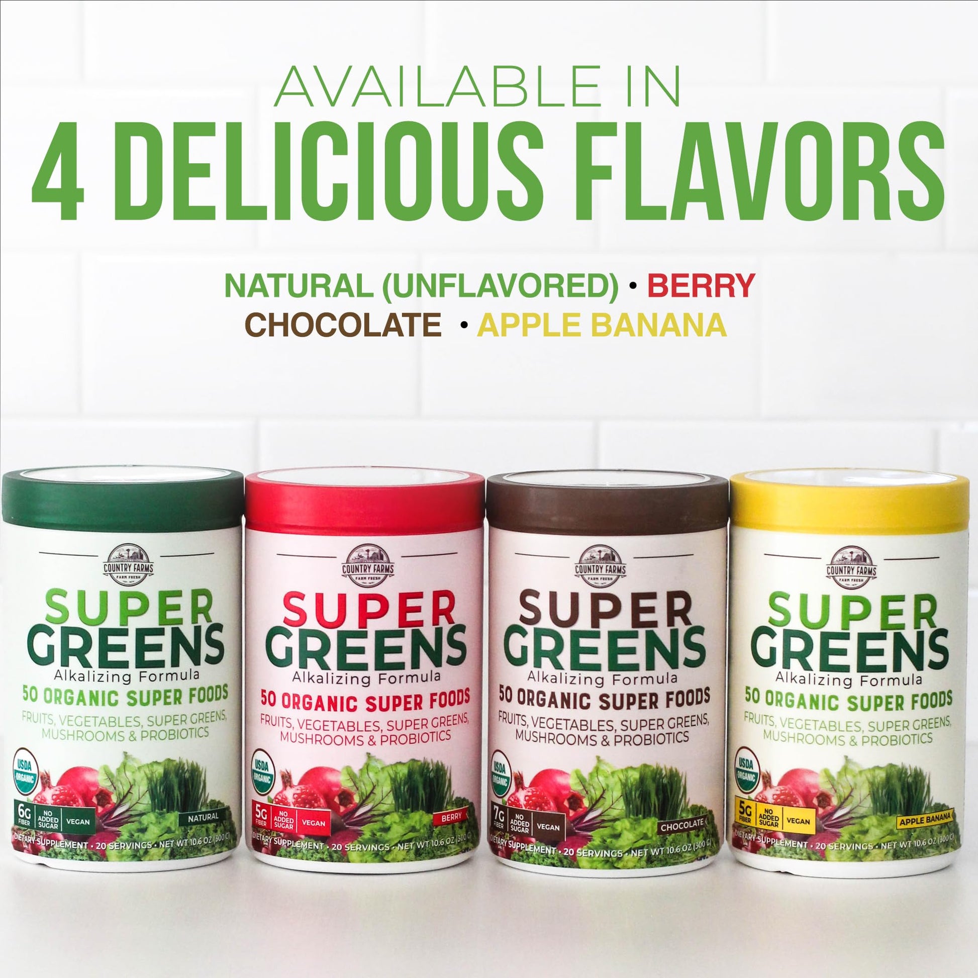 COUNTRY FARMS Super Greens Natural Flavor, 50 Organic Super Foods, USDA Organic Drink Mix, Fruits, Vegetables, Super Greens, Mushrooms & Probiotics, Supports Energy, 20 Servings, 10.6 Oz