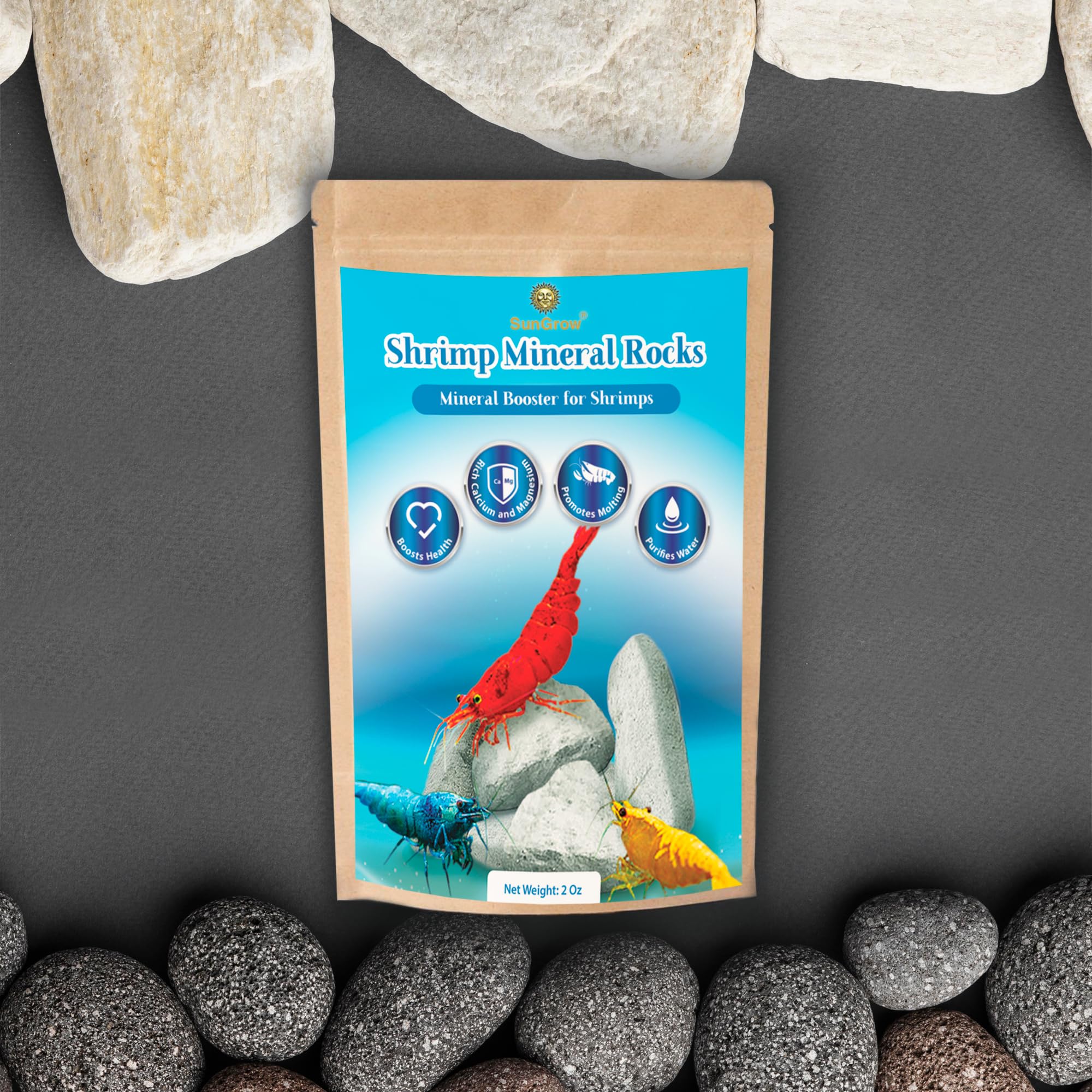 SunGrow Shrimp Rocks, Calcium, Magnesium Rocks for Crayfish, Hermit Crab, Snails, Crustacean Care, Aquarium Decor for Crystal Red, Amano and Ghost Shrimps, Nano Tank Accessories, Fish Tank Supplies