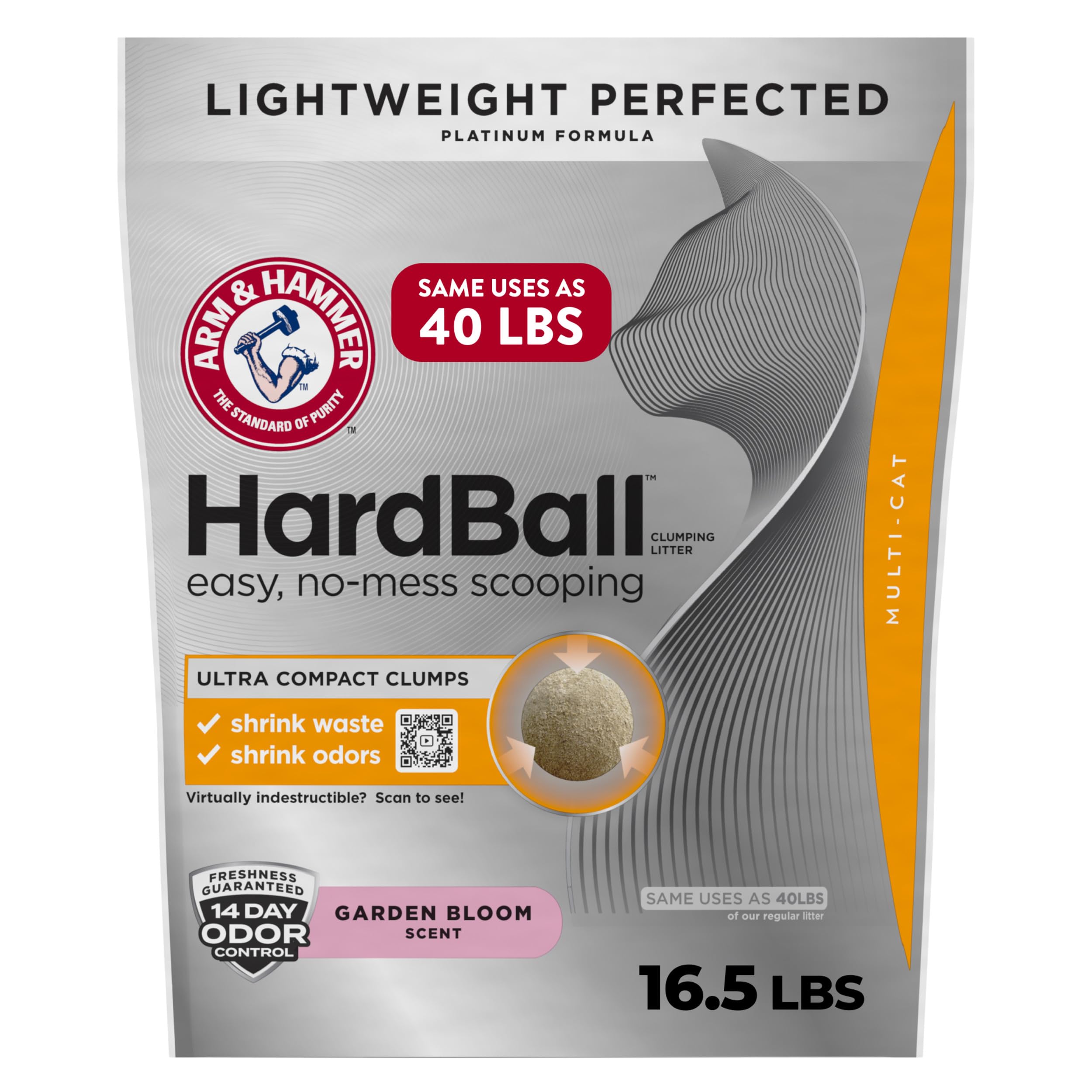 ARM & HAMMER Hardball Lightweight Platinum Multi-Cat Clumping Cat Litter Odor Control, Easy No-Mess Scooping, Garden Bloom Scent, 16.5 Lbs.