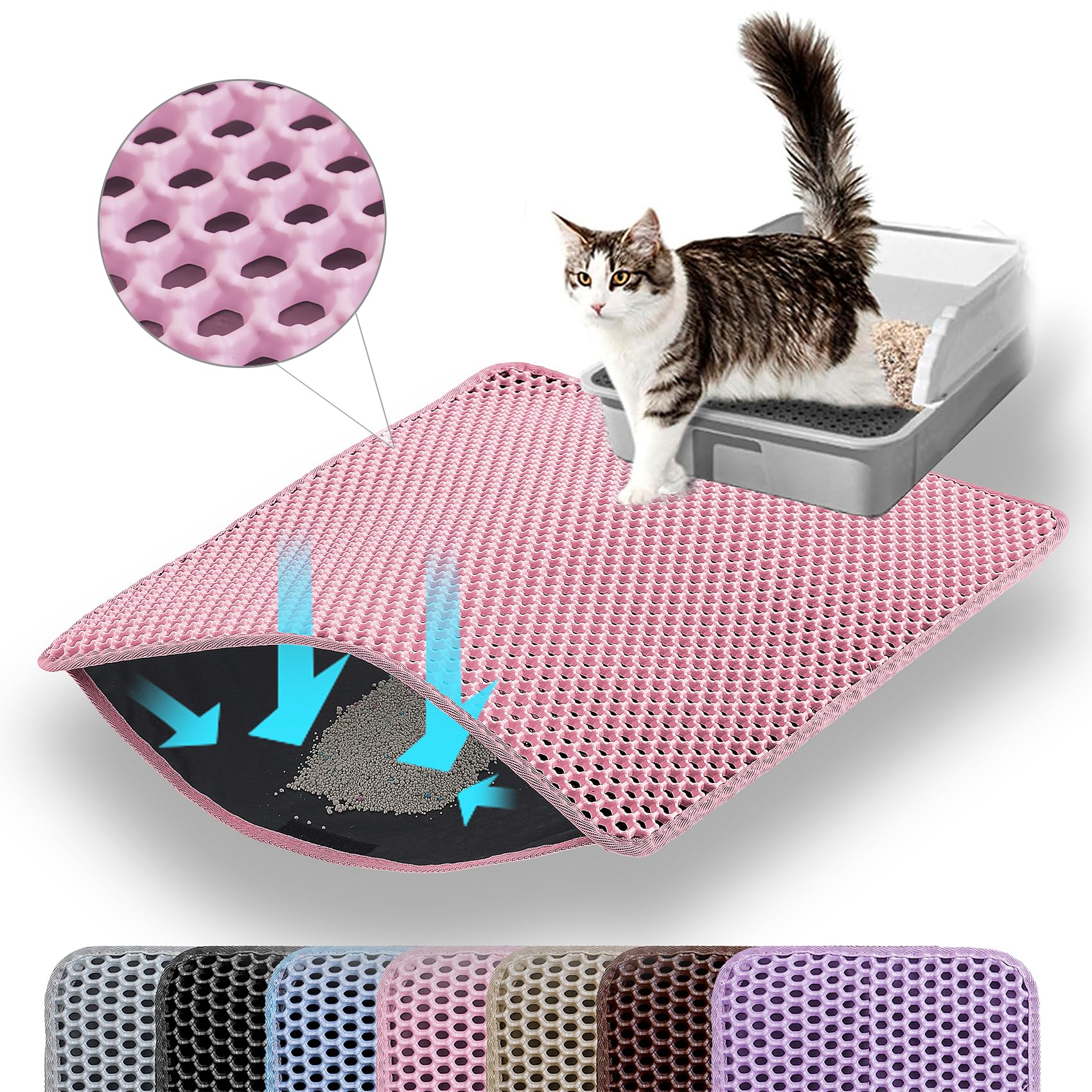 Petinstinct Cat Litter Mat, 24x18 Inches Large Double Layer Honeycomb Cat Litter Trapping Mat, Non Slip Waterproof Urine Proof Cat Litter Box Mat for Floor, Kitty Litter Rug, Cat Supplies, Pink