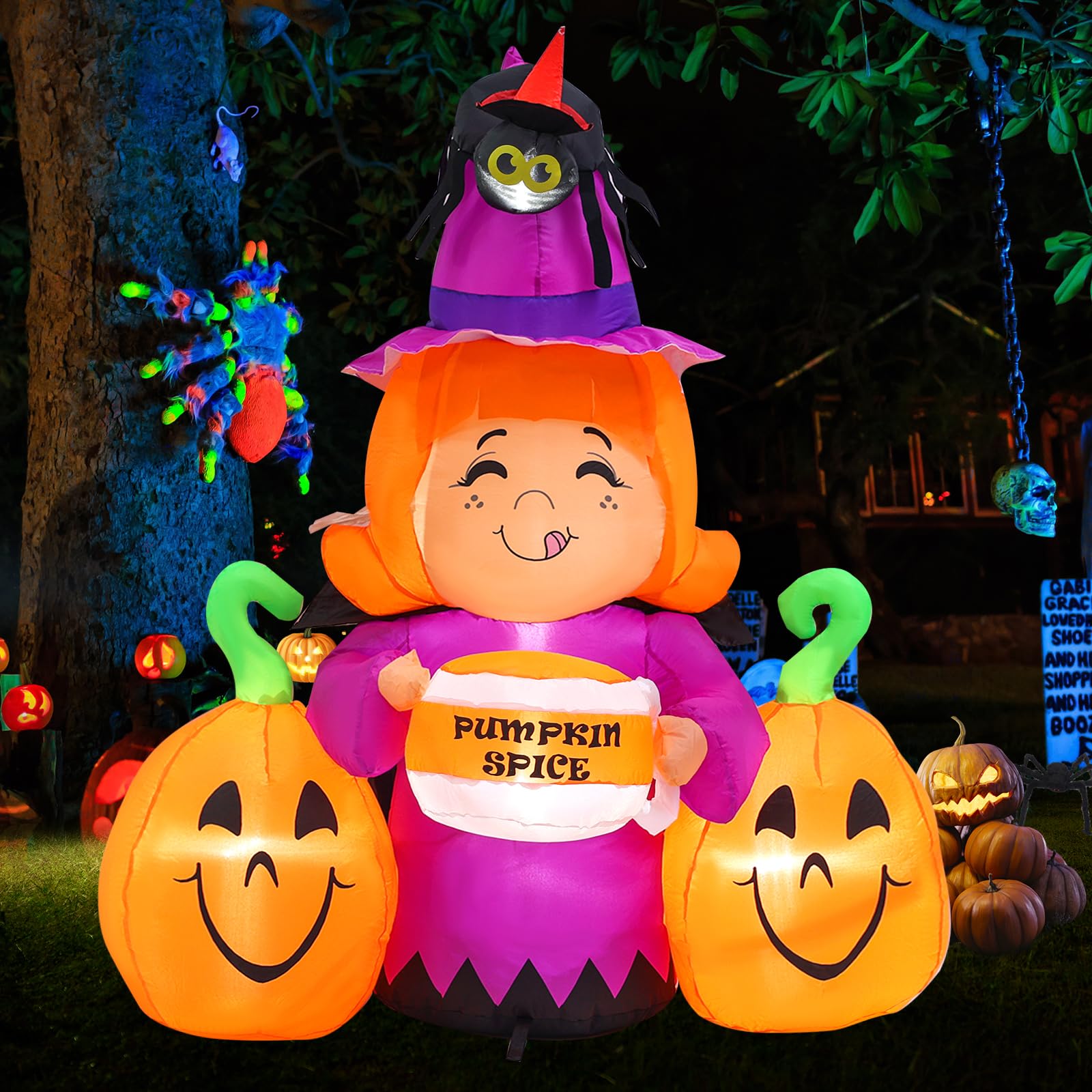 Infleasjoiy 5ft Witch Pumpkin Halloween Inflatable Outdoor Decoration, Courtyard Decoration with LED Lights, for Outdoor Lawn, Garden, Family Vacation Party