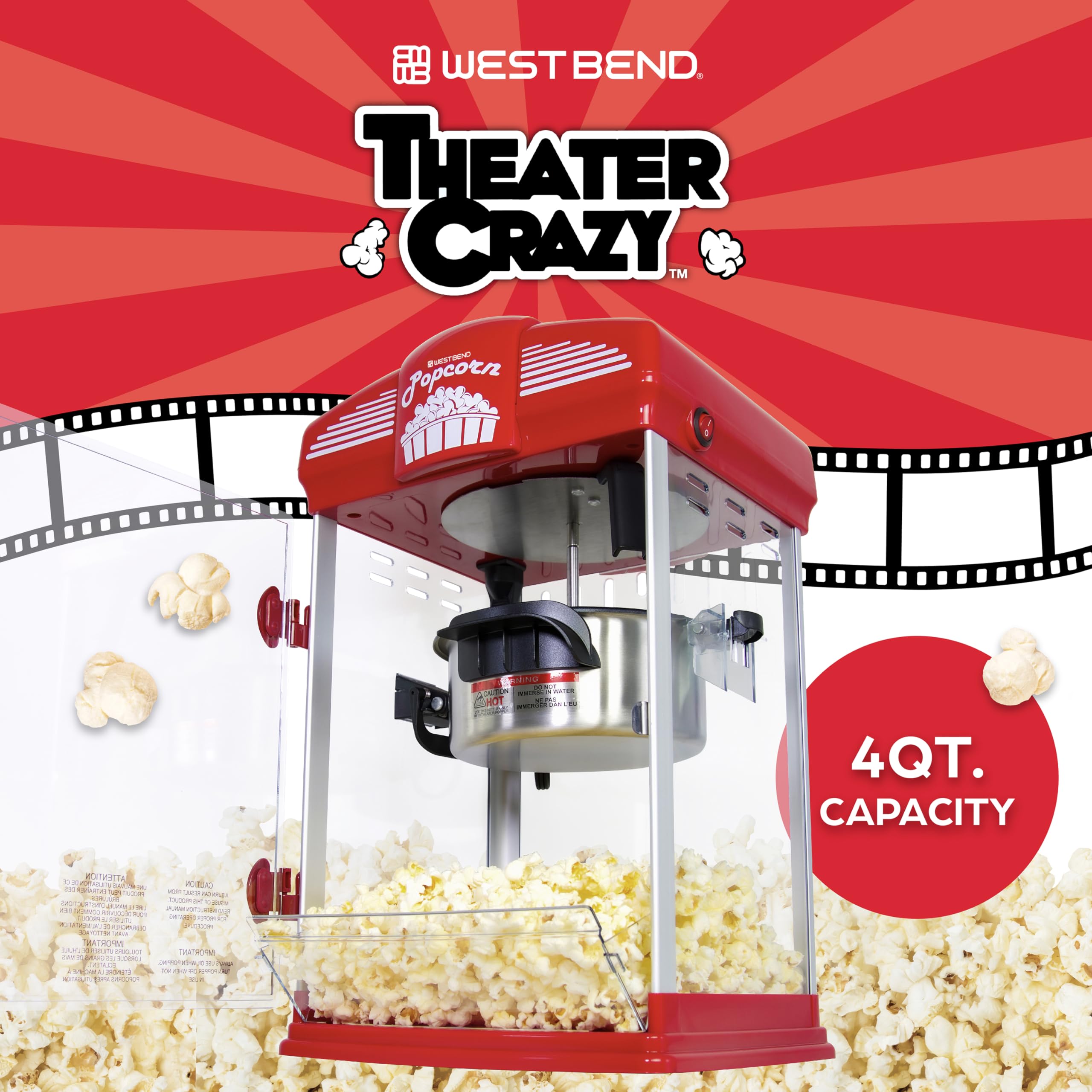 West Bend Stir Crazy Movie Theater Popcorn Popper, Gourmet Popcorn Maker Machine with Nonstick Popcorn Kettle, Measuring Tool and Popcorn Scoop for Popcorn Machine, 4-Qt., Red