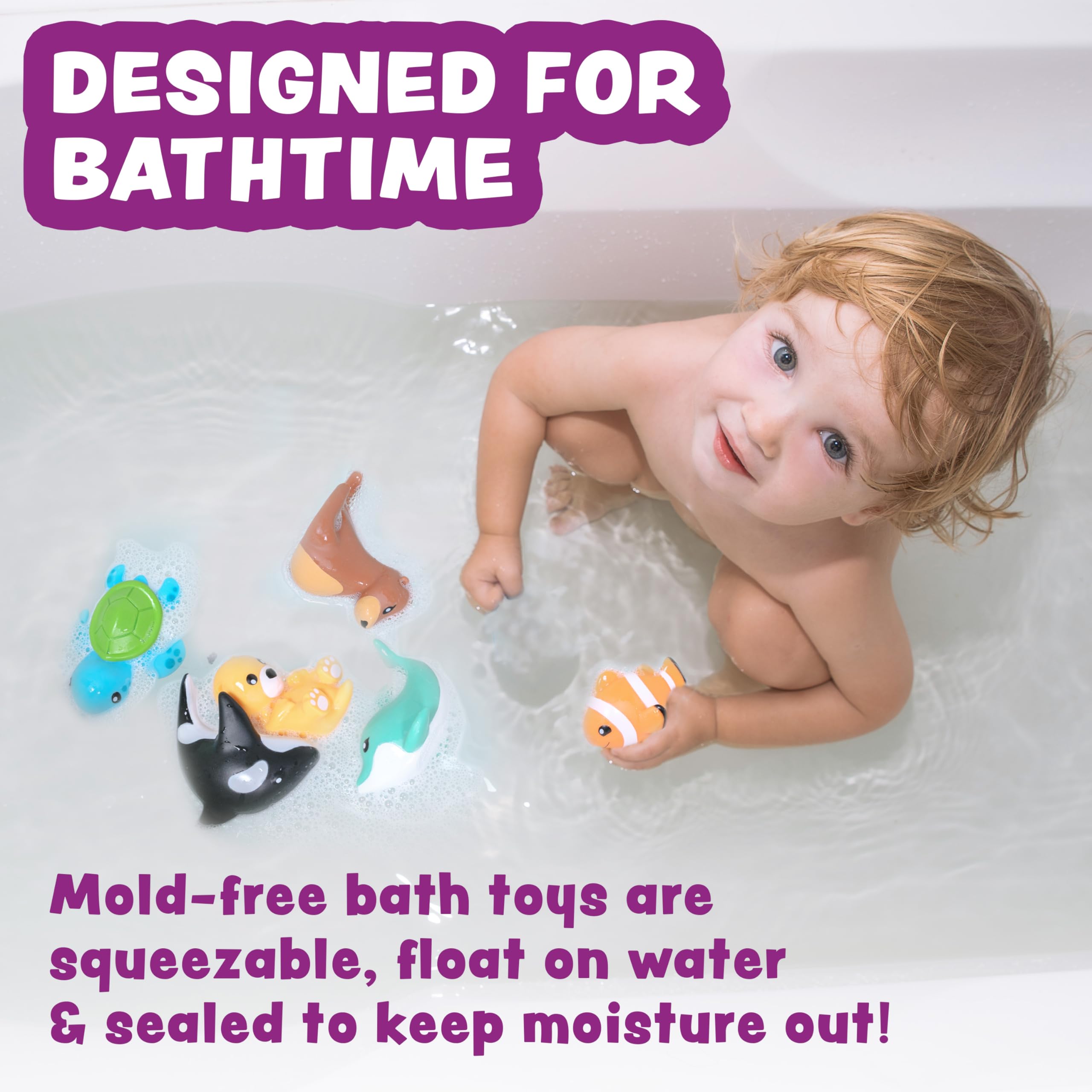 Tub Works® Marine™ Mold Free Bath Toys, 6 Pack | Sealed, No Hole Bath Toys Design Keeps Moisture Out | Soft, Squeezable & Float on Water | Easy-Grip Baby & Toddler Bath Toys | Great Baby Pool Toys