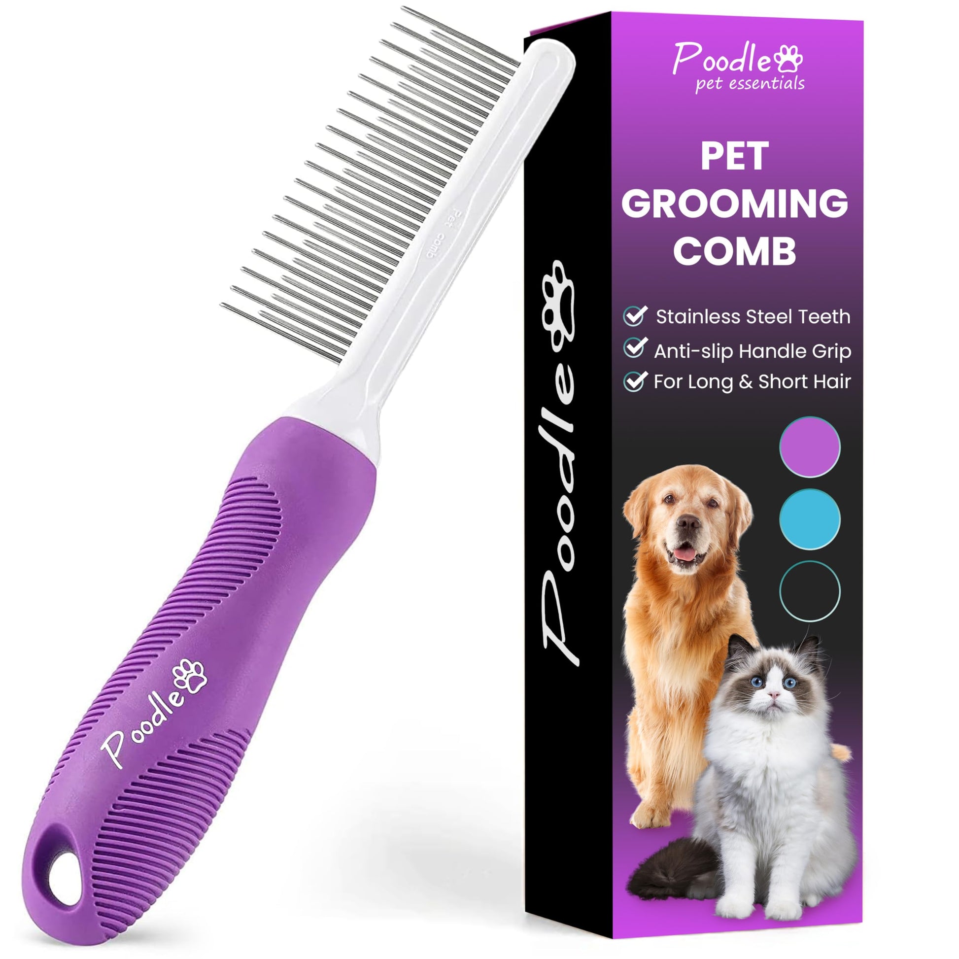 Poodle Dematting Fur Rake Comb Brush for Dogs and Cats - Long 2.5" Steel Safety Blades Metal Comb for Detangling Matted or Knotted Undercoat Hair