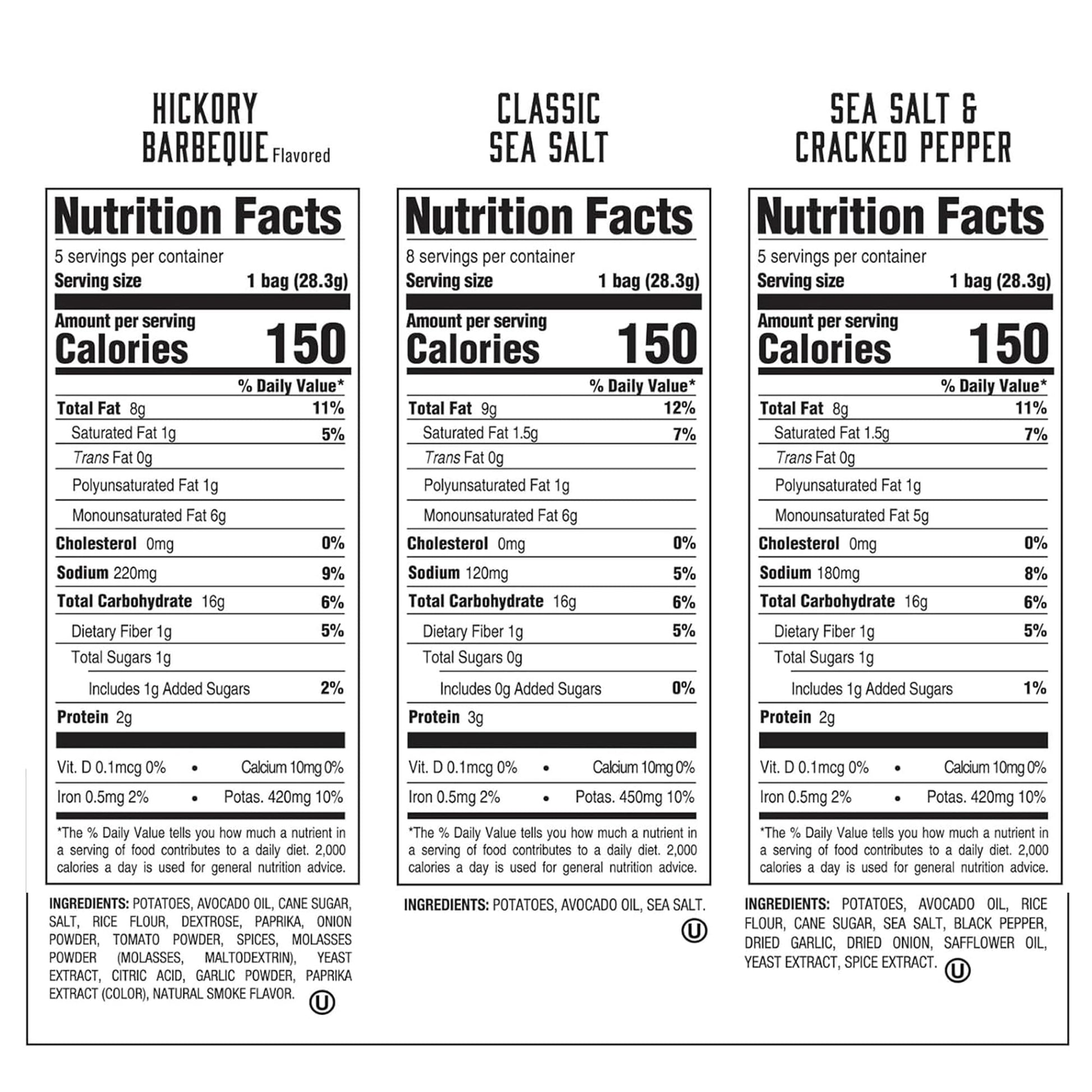 Boulder Canyon Avocado Oil Kettle Style Potato Chips Variety Pack, 18 Count - Gluten-Free, Non-GMO, Hickory Barbecue, Classic Sea Salt, Sea Salt & Cracked Pepper (1 oz Bags)