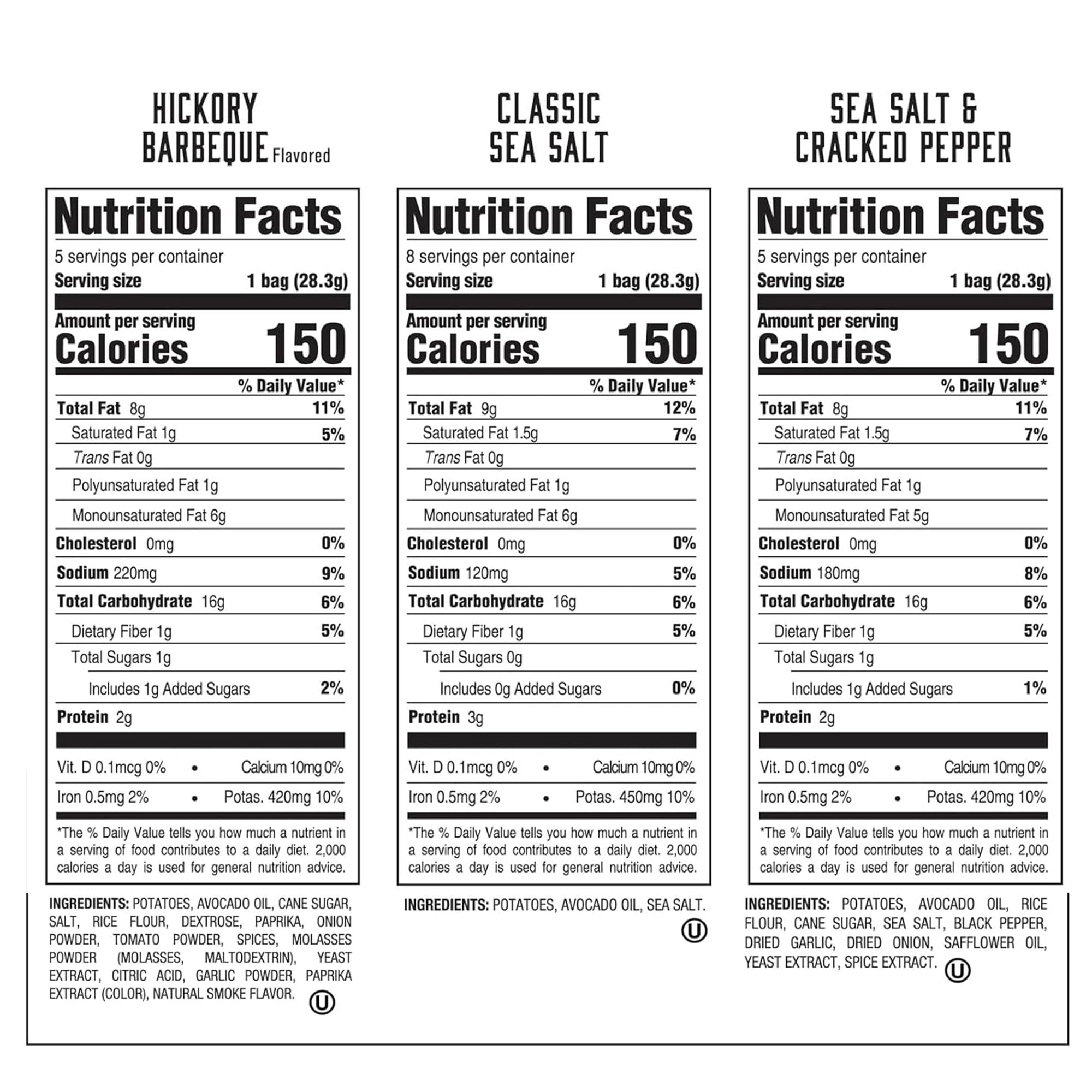 Boulder Canyon Avocado Oil Kettle Style Potato Chips Variety Pack, 18 Count - Gluten-Free, Non-GMO, Hickory Barbecue, Classic Sea Salt, Sea Salt & Cracked Pepper (1 oz Bags)