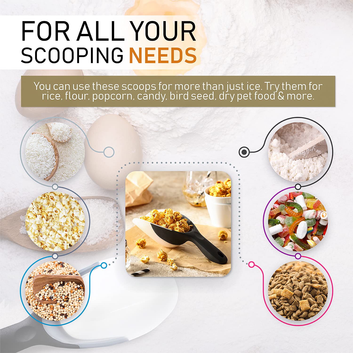 Spring Chef Magnetic Ice Scoop for Freezer - BPA-Free Flexi-Plastic Popcorn Scoop with Soft Grip Handle - Dishwasher Safe Ice Scooper - Kitchen Food Scooper for Flour, Grains, Candy, Pet Food - Black