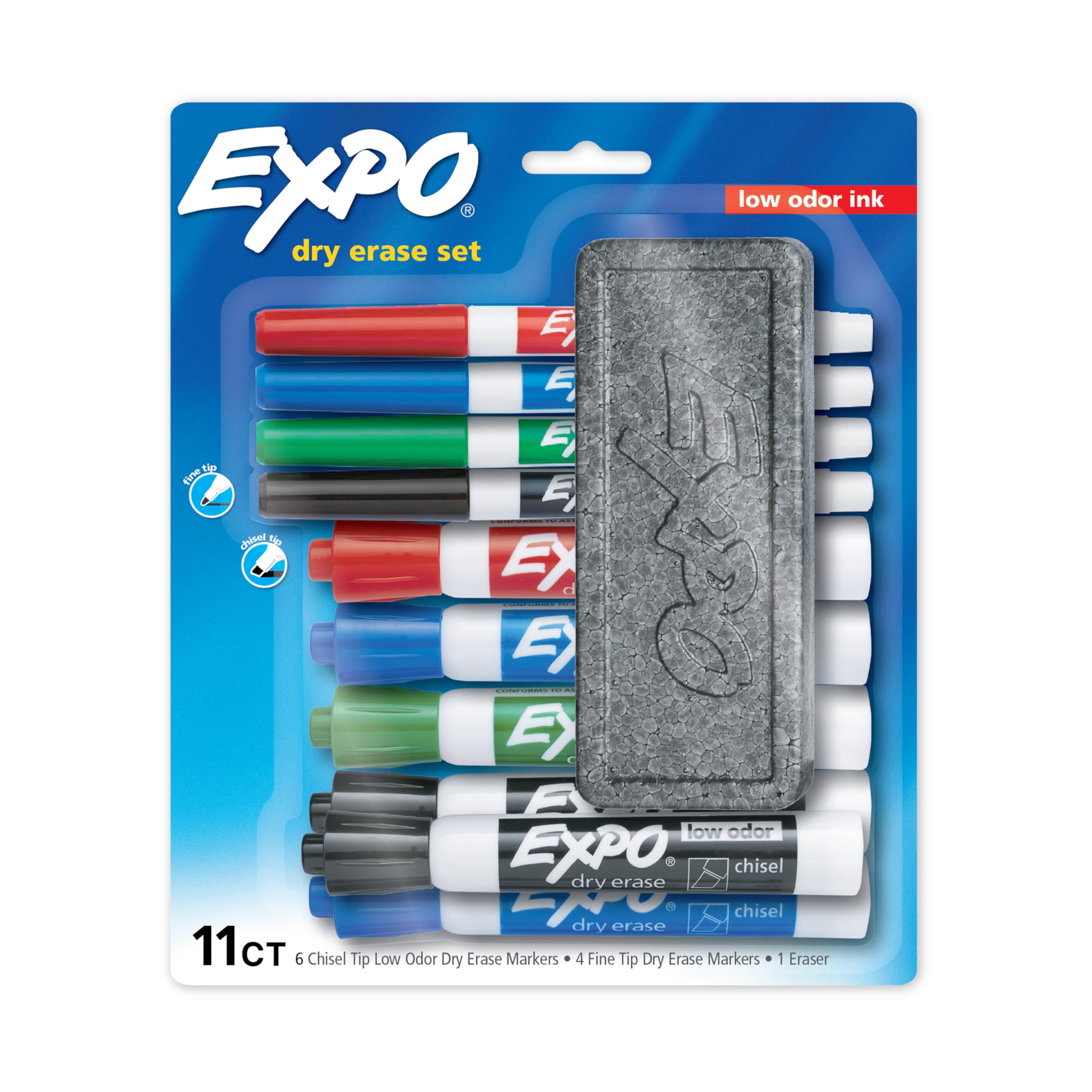 EXPO Low Odor Dry Erase Marker Set with White Board Eraser and Cleaner, Chisel Tip Dry Erase Markers, Assorted Colors, 6 Piece Set with Whiteboard Cleaner