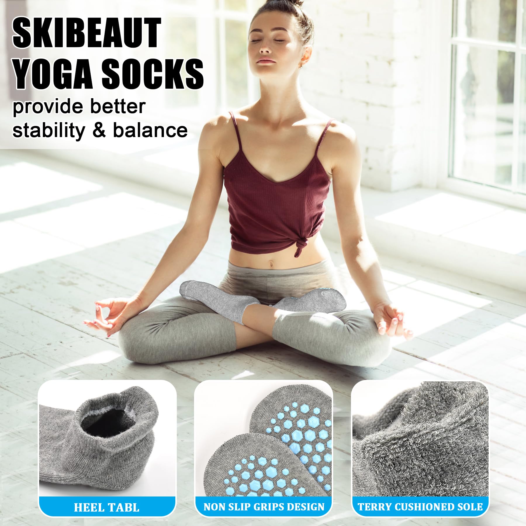 SkiBeaut Grips Non Slip Socks for Women, 4 Pairs Yoga Pilates Anti Skid Socks Woman Hospital Dance Home Gripper Socks